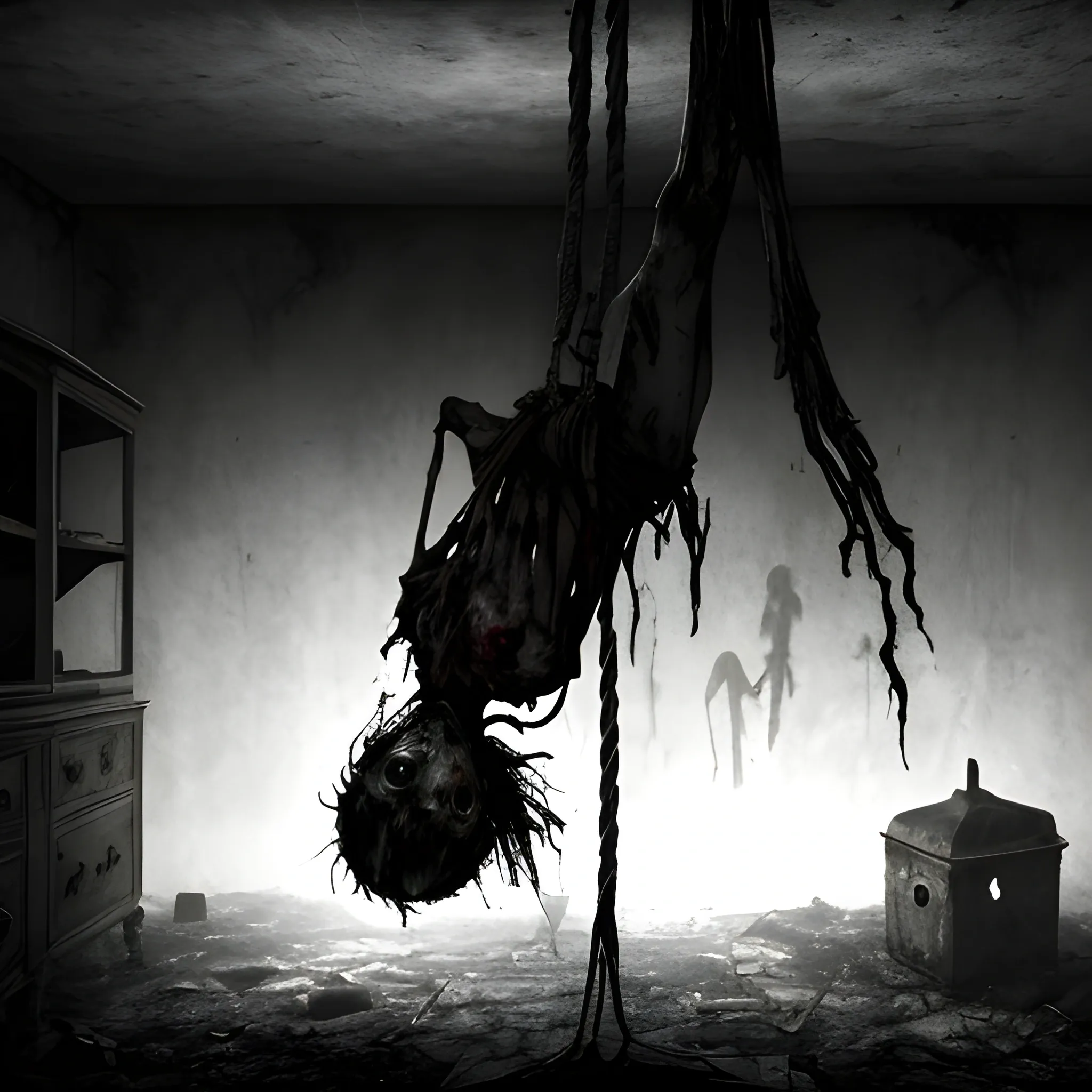 A male zombie hanging upside down by the waist, with no lower limbs, with a thick rope tied tightly around the exposed spinal column. The body, decayed and covered in blood, dangles grotesquely, with the rotting skin and exposed bones illuminated by a harsh, dim light. The camera angle is slightly below the figure, looking upwards, creating a sense of dread and isolation. The overall atmosphere is dark and oppressive, with heavy shadows and minimal lighting, much like a horror scene. The background is barely visible, shrouded in darkness, adding to the grim, unsettling tone, similar to the eerie, gritty style of a horror game with a claustrophobic, decayed environment.