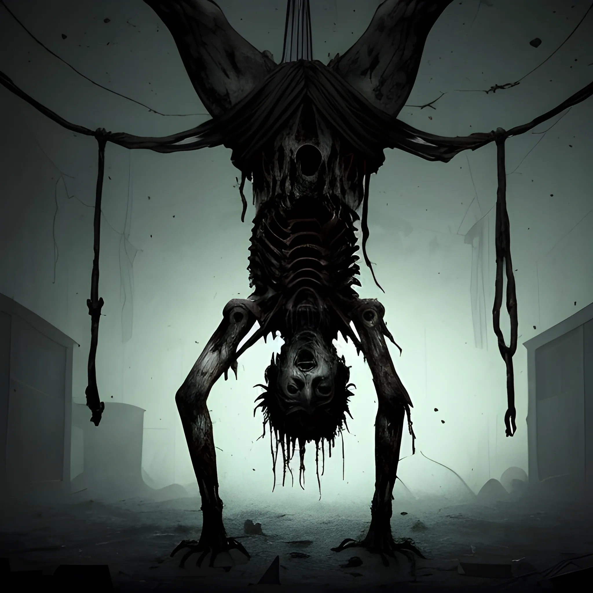 A male zombie hanging upside down by the waist, with no legs, with a thick rope tied tightly around the exposed spinal column. The body, decayed and covered in blood, dangles grotesquely, with the rotting skin and exposed bones illuminated by a harsh, dim light. The camera angle is slightly below the figure, looking upwards, creating a sense of dread and isolation. The overall atmosphere is dark and oppressive, with heavy shadows and minimal lighting, much like a horror scene. The background is barely visible, shrouded in darkness, adding to the grim, unsettling tone, similar to the eerie, gritty style of a horror game with a claustrophobic, decayed environment. with color, Cartoon