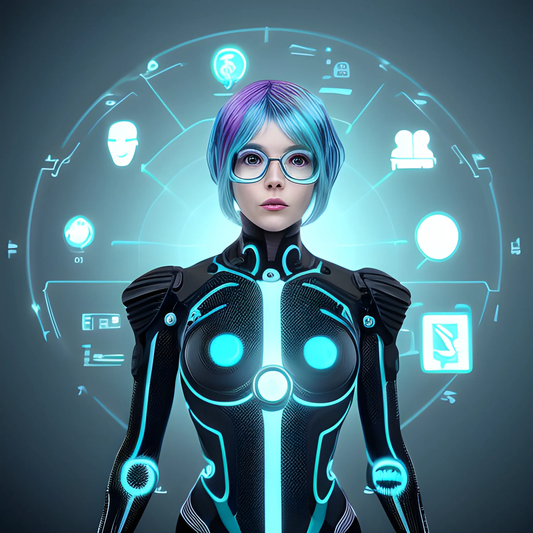 Candid image, super-realistic photographic style, natural textures, hyper-realistic light, editorial, A futuristic woman with bright blue hair and extremely realistic features, dressed in a black and teal suit, in a full frontal position and seen up to her waist, looking into the camera, surrounded by holographic brain icons, this woman is strictly positioned to the left of the stage, lThis character was designed to capture the attention of an audience interested in personal development, productivity and mental optimization. This character should reflect the micro-niche qualities of memory techniques, accelerated learning, neuroscience, productivity, organization and habit development. The image size or proportion would be 16:9, in the background should be a futuristic learning environment, somewhat out of focus, but you manage to observe interactive objects and very allusive to productivity.