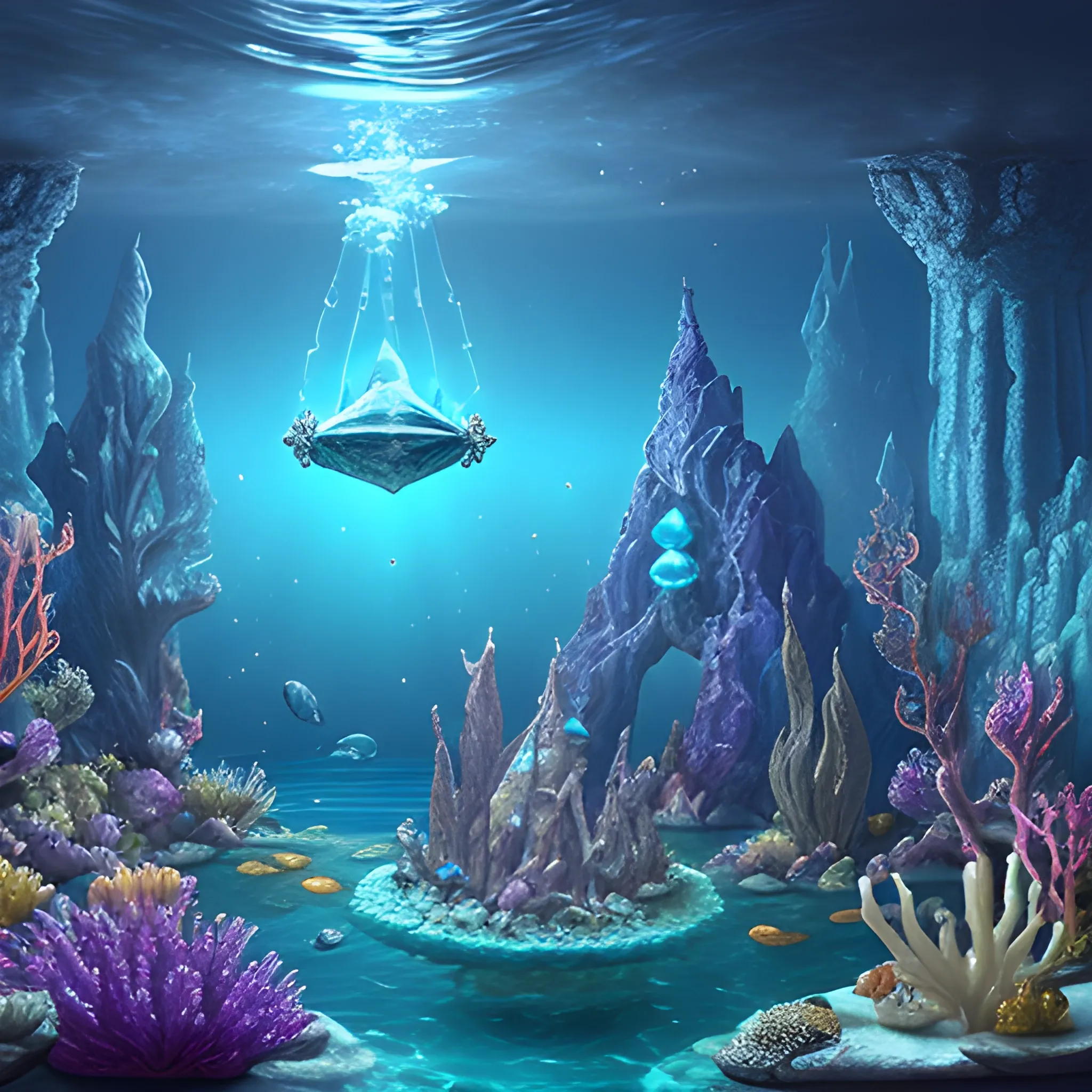 Fantasy underwater scene with arcane technology and crystals being a source of energy , 3D, Cartoon, 3D