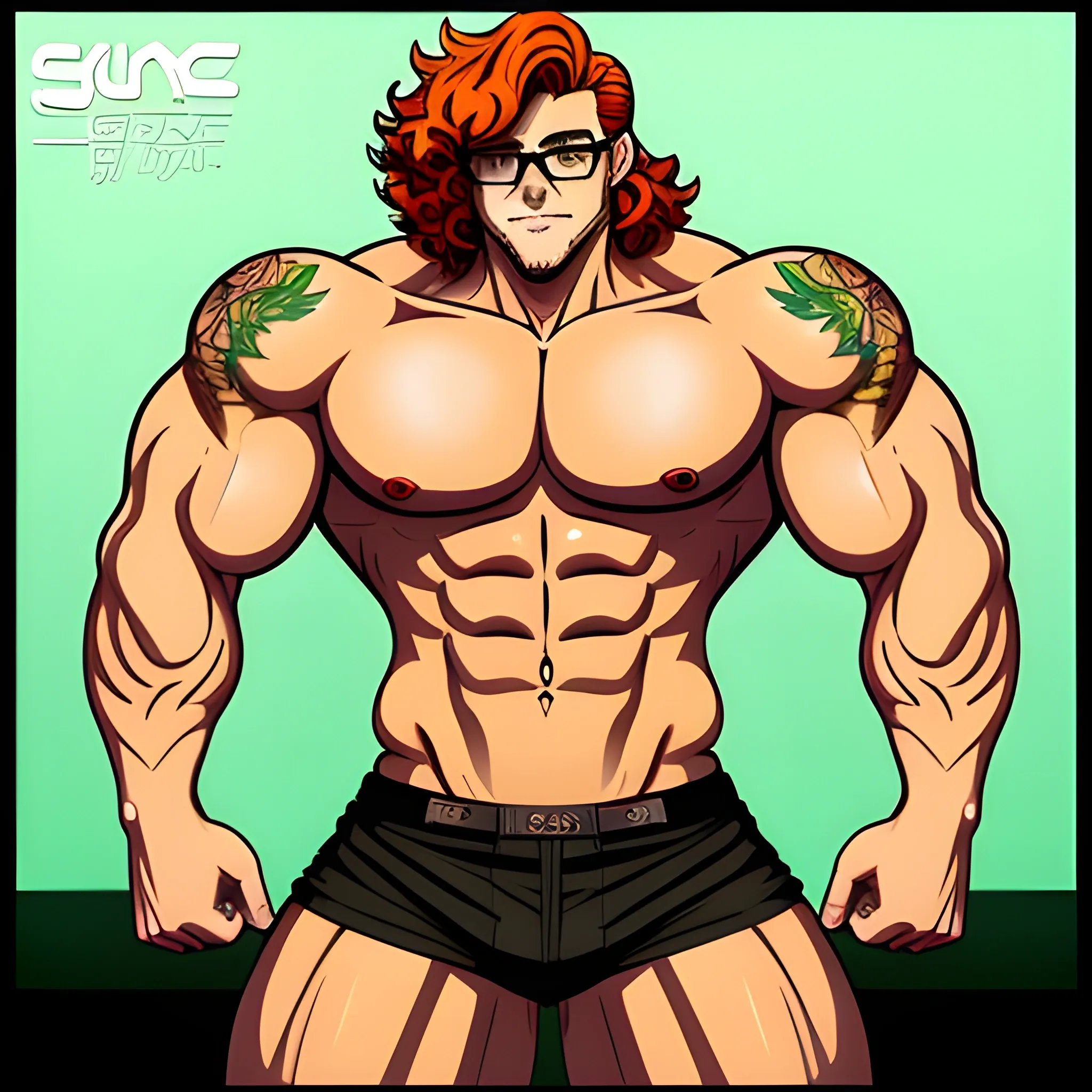 Anime Style,  Femenine voluptuous young boy, soft curly messy orange hair, green seductive eyes, smug face, seductive face, femboy, femenine, black tight clothes, arm tattoo, neck tattoo, slightly musculsr, defined body, huge ass, thick thighs, slim waist, round shaped glasses