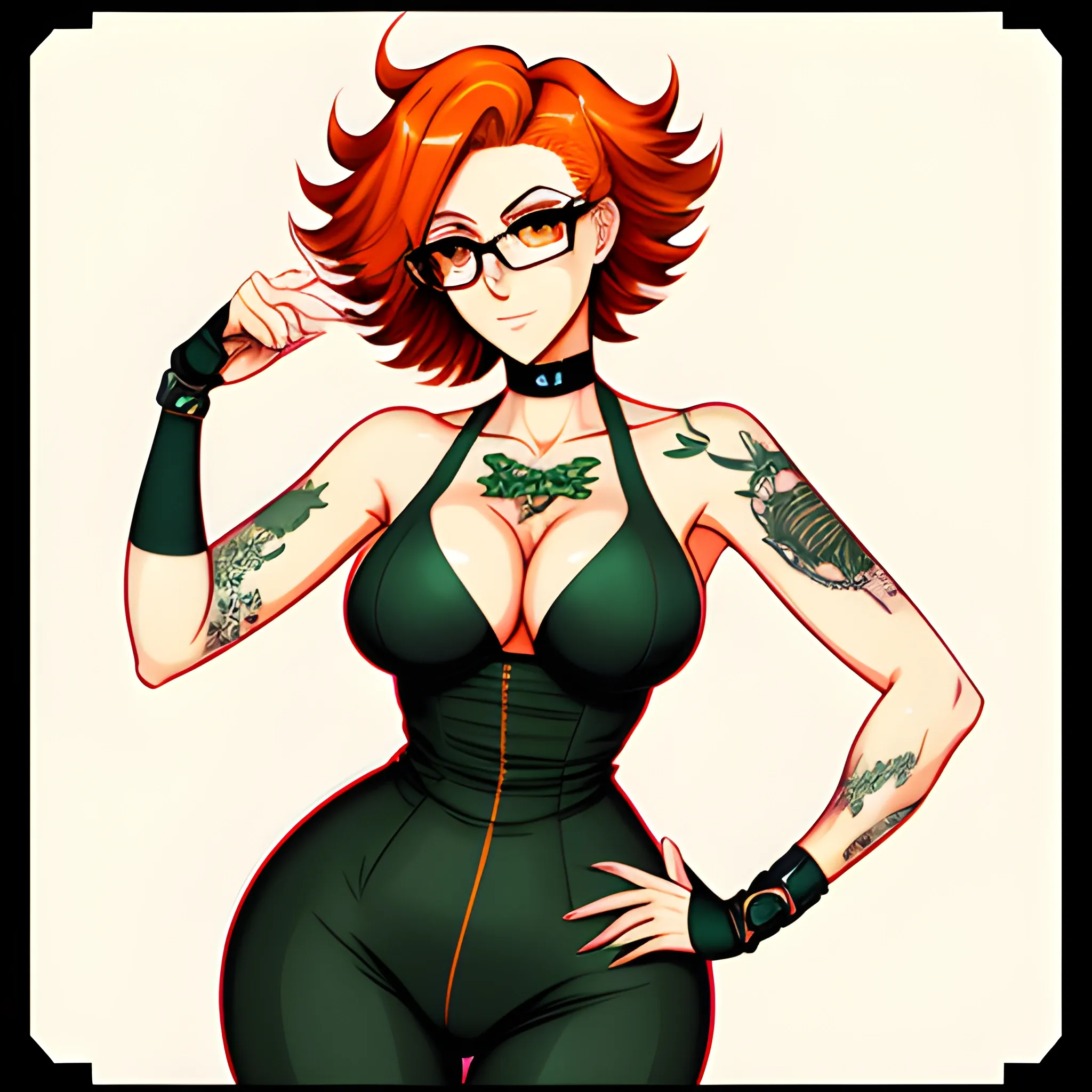 Soft Anime Style,  Femenine young boy, soft curly messy orange hair, green seductive eyes, smug face, seductive face, femboy, femenine, black clothes, arm tattoo, neck tattoo, slightly, defined body, huge ass, thick thighs, slim waist, round shaped glasses,