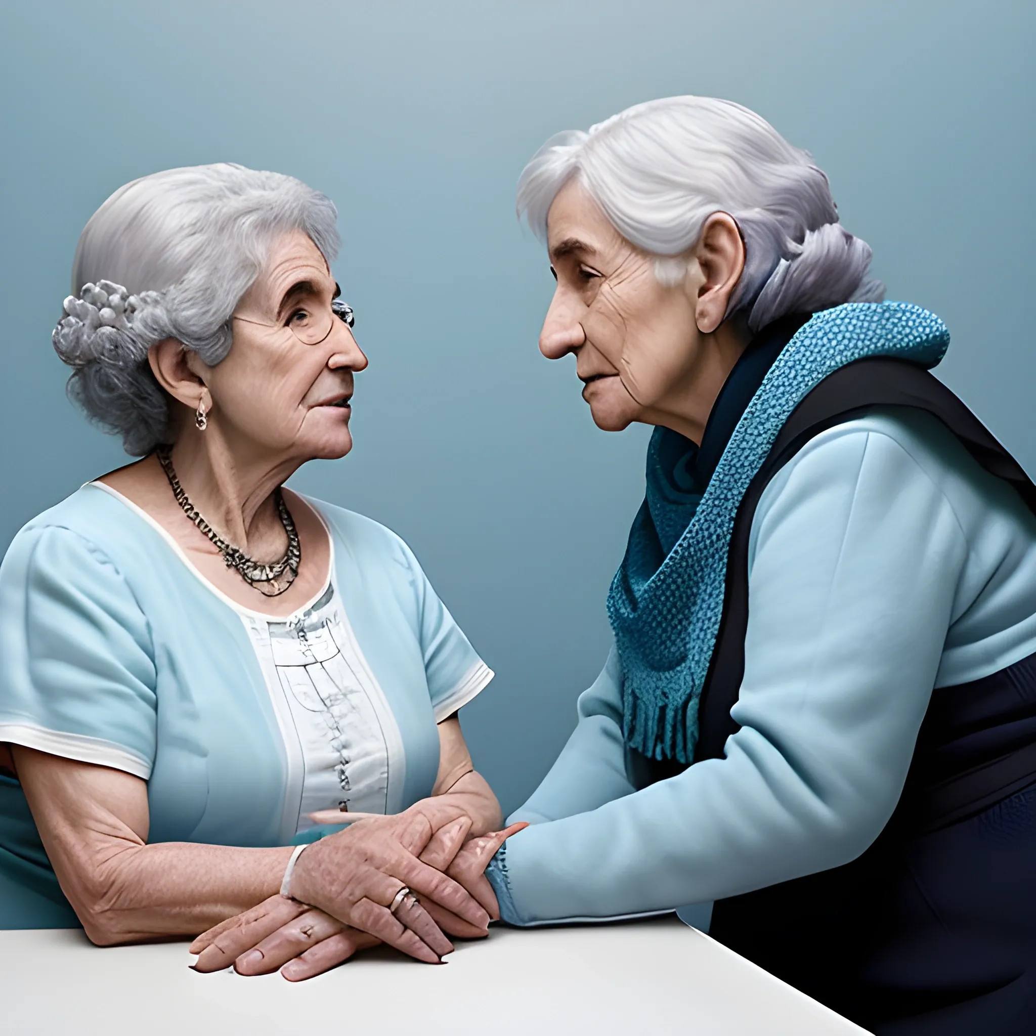 una enfermera  atendiendo a una anciana que esta de costado, la escena tiene que ser grande y de tonos claros donde predomine el celeste y blanco, estilo realista y fotografica
