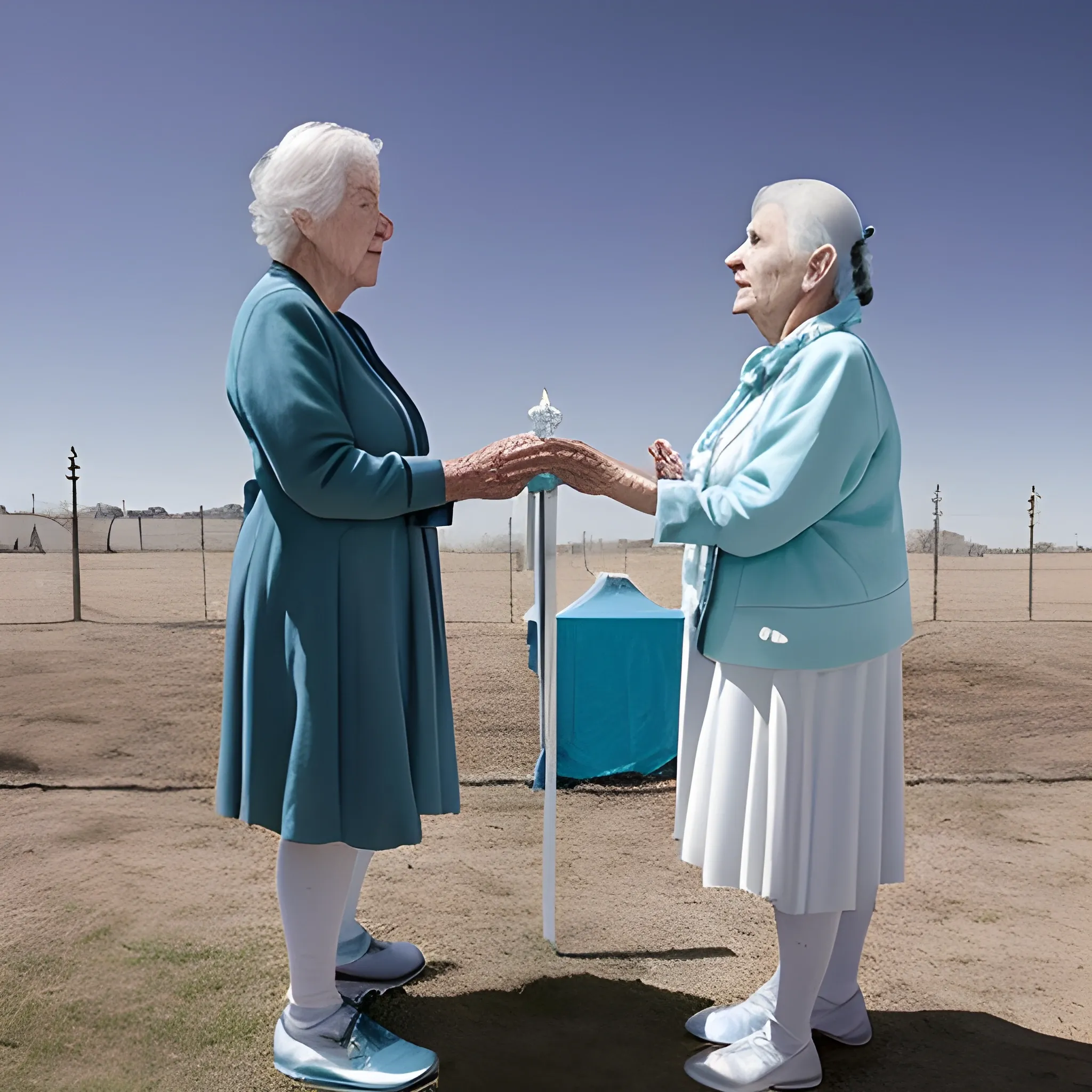 una enfermera joven atendiendo a una anciana midiendole la presion, la escena tiene que ser grande y de tonos claros donde predomine el celeste y blanco, estilo realista y fotografica
