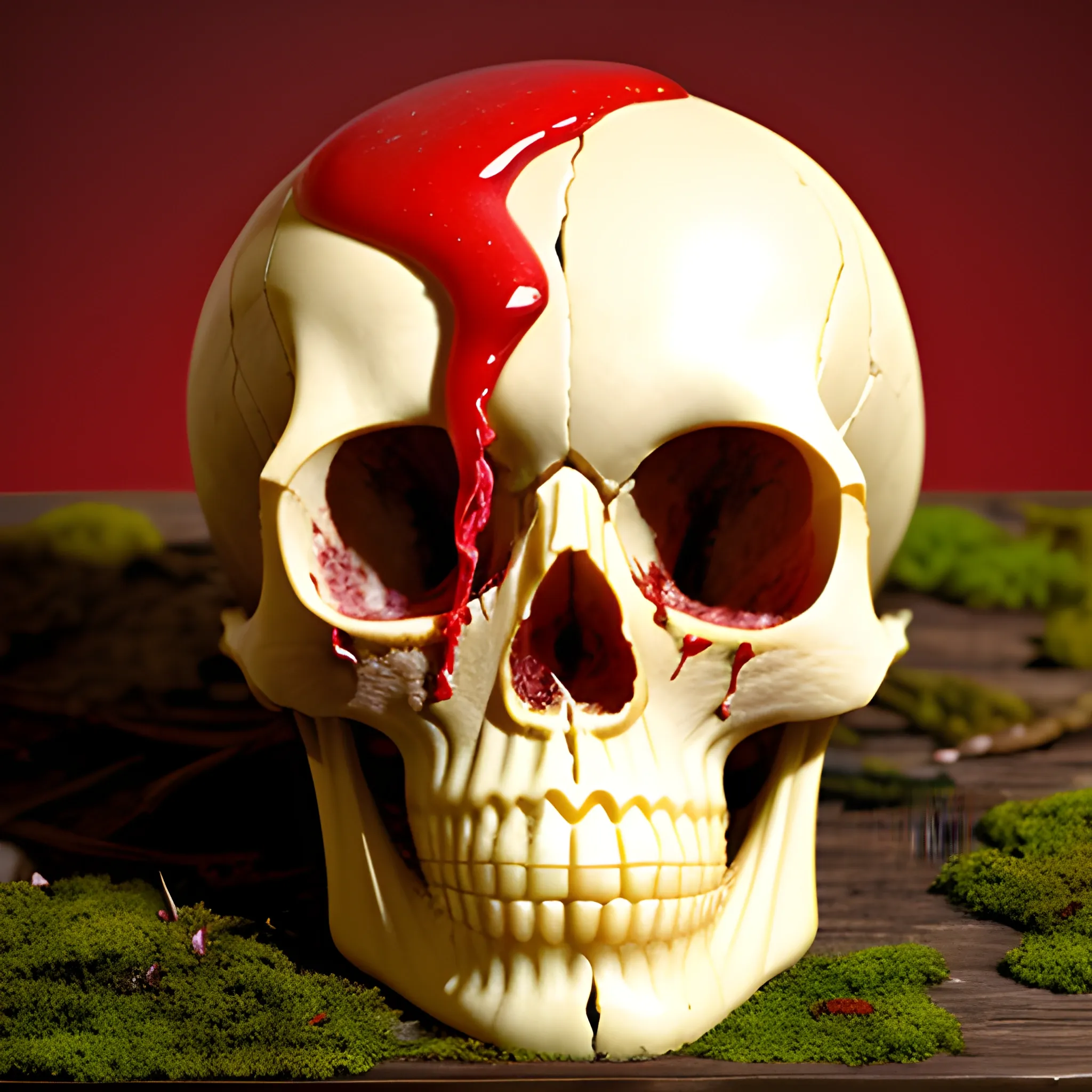 Wax skull, spilling, red color, on an old table, stone background, moss, dim light, jaw with meat, spilled