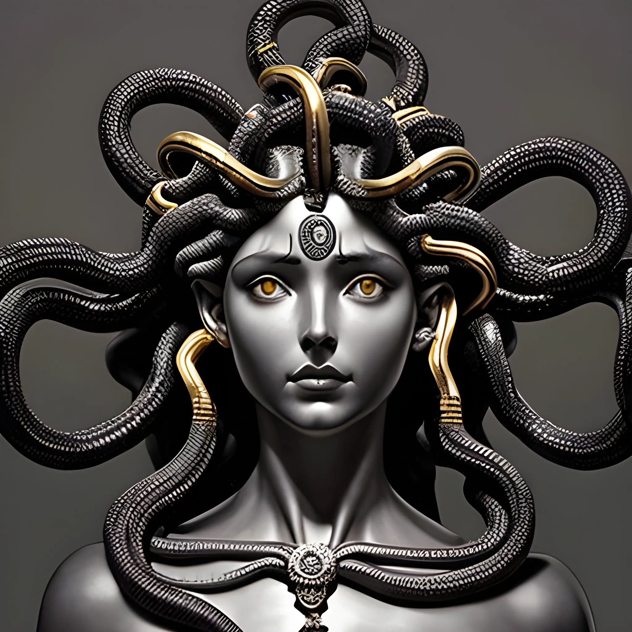 medusa realista con cuerpo delgado y fino ropa negra con adornos de oro y plata serpietes en la cabeza lanzando morididas al aire, fondo de oscuro con esferas de luz al rededor