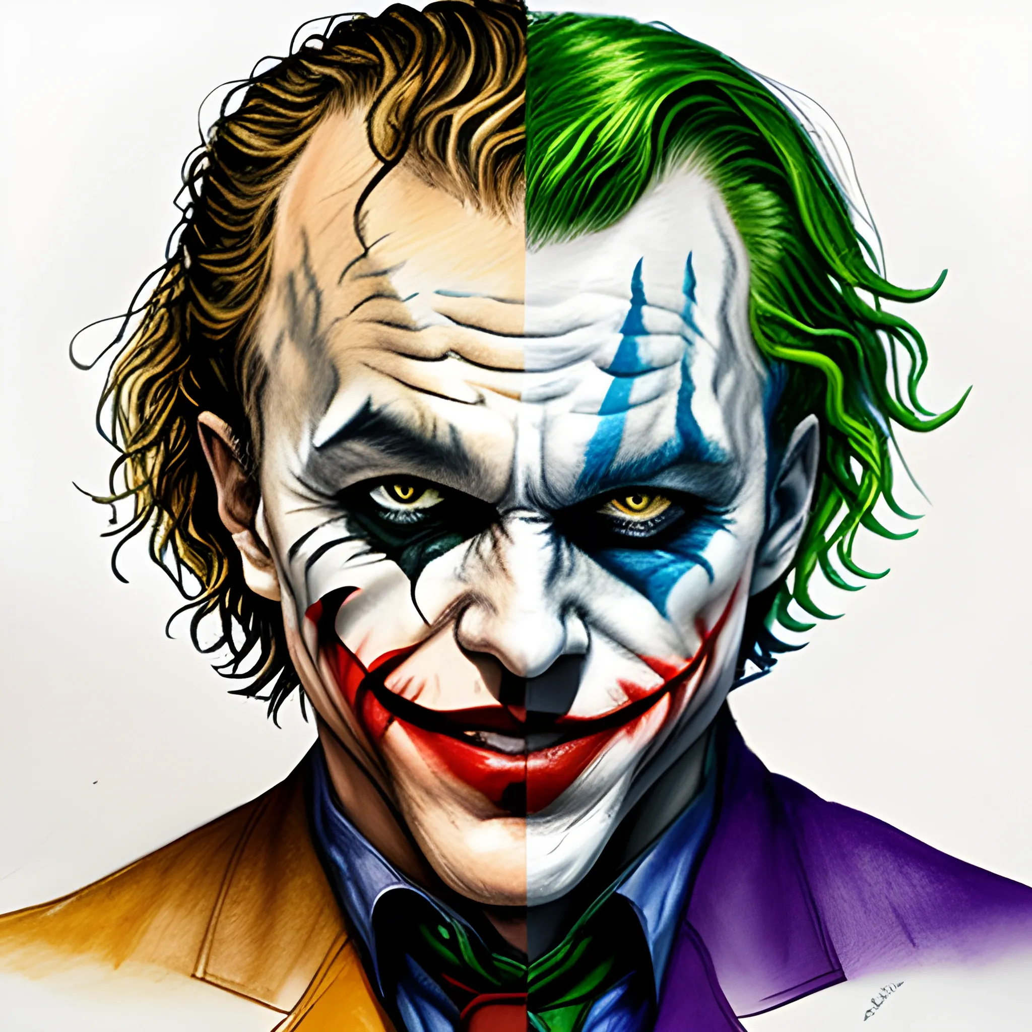 create an image of Heath Ledger's joker fighting with batman, Pencil Sketch, Water Color, Trippy