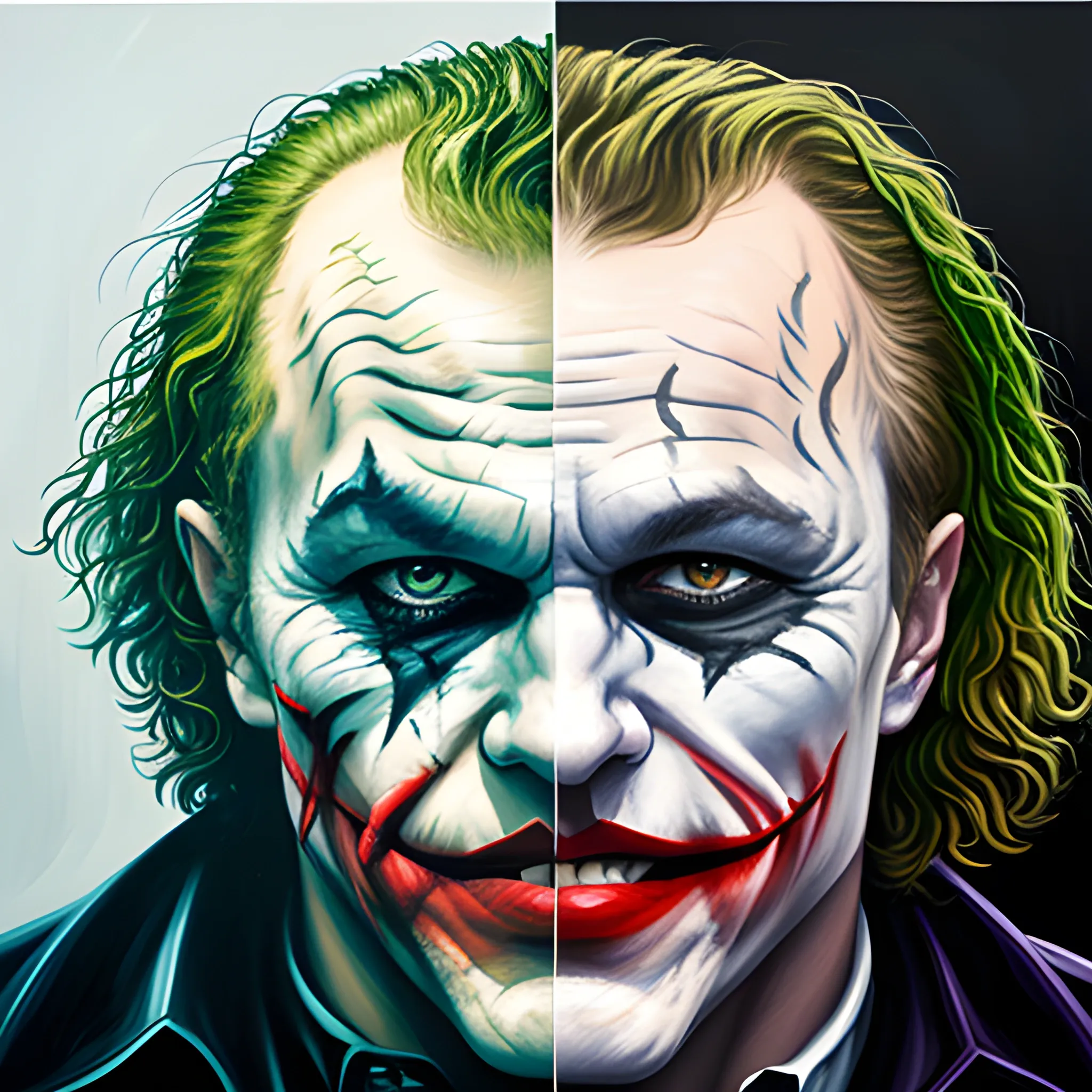 create an image of Heath Ledger's joker fighting with batman, Oil Painting