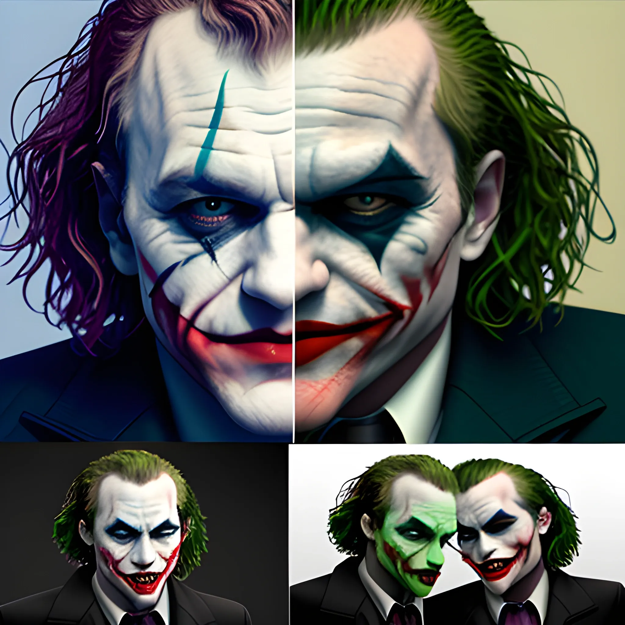 create an image of Heath Ledger's joker beating Joaquin Phoenix's joker, 3D