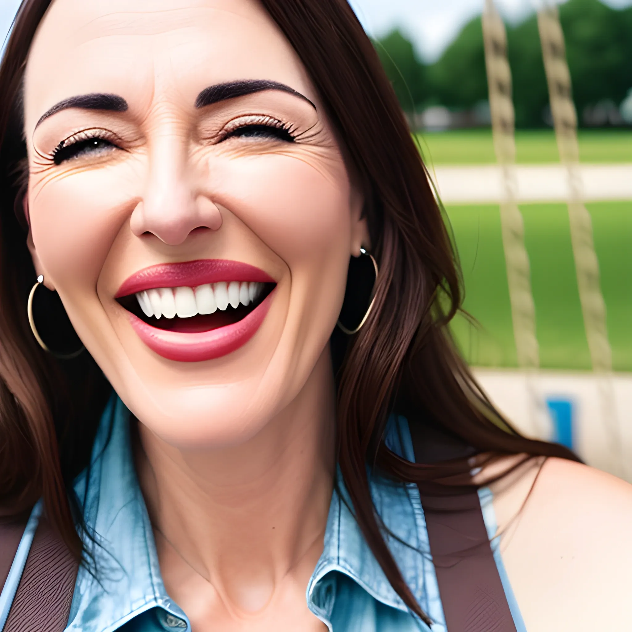 girl at a playground, on swings, forward, joyous, close-up