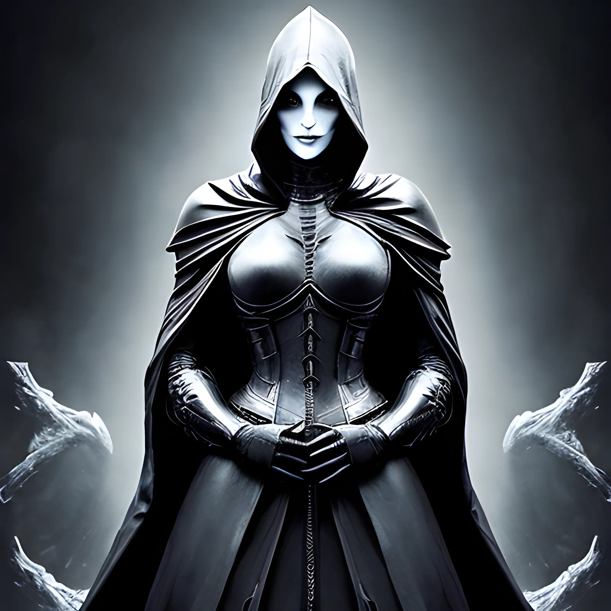 The image is a digital illustration of a beautiful woman from hell apocalypse knight, battle, wearing a black hooded cloak in the ark style. The incredibly beautiful woman is standing in the center of the image with her body partially obscured by the cloak. The background is black and above are the glowing, shining words "Digital Divide" written in silver-blue. The overall color scheme is red, dark and bold, with the beautiful woman standing out against the black background. Her face is clearly visible, she appears to be unclothed, only the cloak obscures her beautiful body. Masterpiece.The overall mood of the image is sensual and provocative.