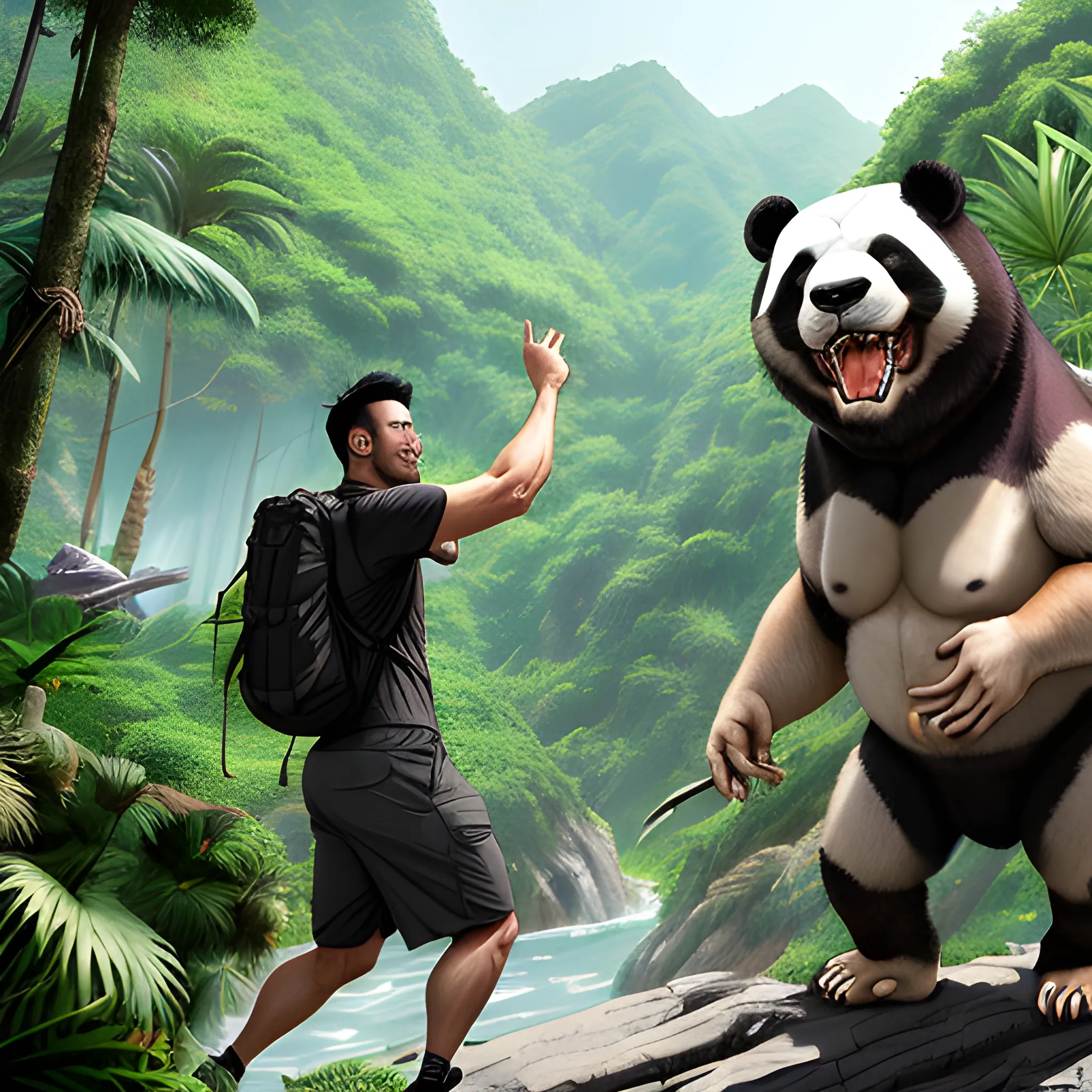 A 13-year-old Chinese boy with a panda and a brown-gray Tyrannosaurus Rex. They live together in a tropical forest filled with lush vegetation and fruits. The boy is wearing shorts and carrying a backpack, with an expression of excitement for adventure. The scene conveys a fun atmosphere, as if they are embarking on a wonderful adventure. --v 5.1 --ar 3:4 --iw 2