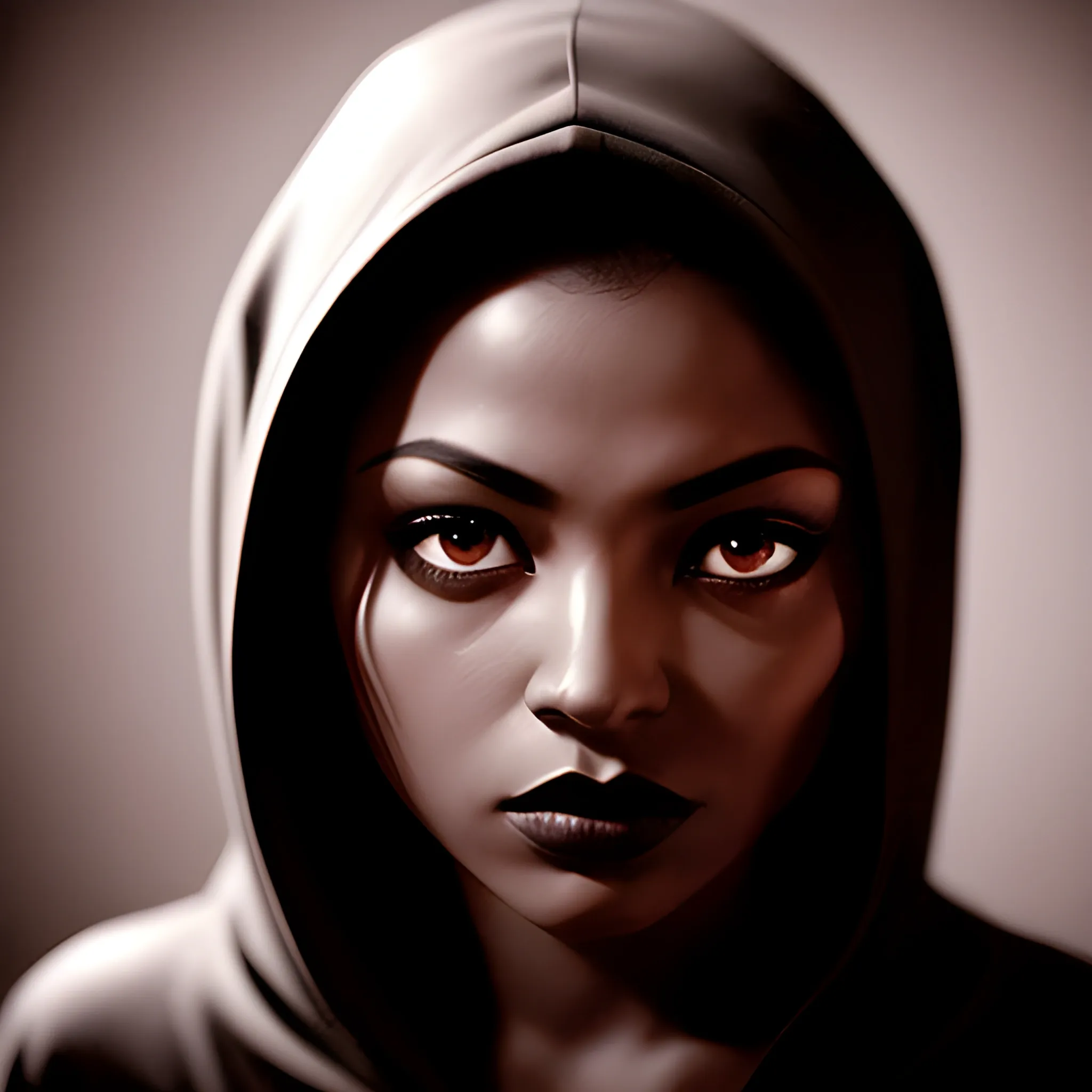 A cinematic, film noir-inspired scene in the style of David Fincher, with a low-key, high-contrast lighting setup featuring a single, cool-toned spotlight casting an intense beam on the subject, while the rest of the frame is shrouded in deep shadows. A beautiful, dark-skinned woman with striking red eyes, wearing a black hooded cloak with crimson accents, emerges from the mouth of a mixed-ethnicity person with a tense expression, whose hands grasp their lips, creating an air of mystery. The woman's face is set against a dark, muted background, with subtle film grain and a desaturated color palette, evoking a sense of grit and foreboding, as if shot on 35mm film stock., Cartoon