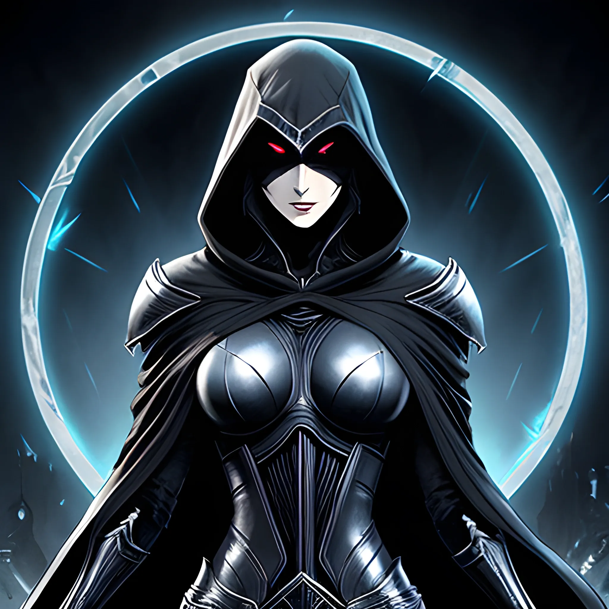  a beautiful young womanin the style of ark.  hell apocalypse knight, battle, wearing a black hooded cloak in the spawn comic style. The incredibly beautiful woman is standing in the center of the image with her body partially obscured by the cloak. The background is black and above are the glowing, shining words "Digital Divide" written in silver-blue.  Masterpiece. The overall mood of the image is sensual and provocative.