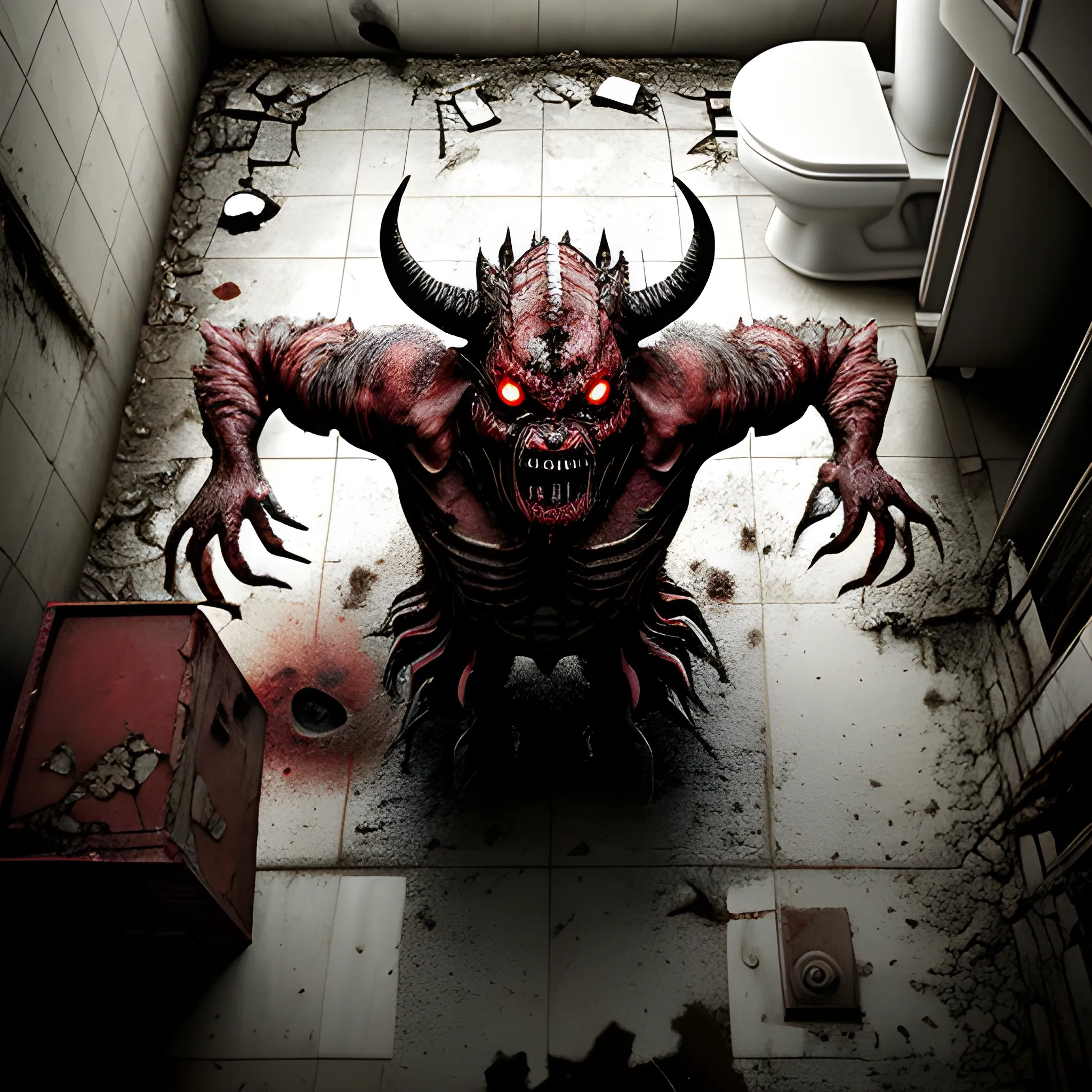 A terrifying demon is emerging from a broken toilet in a bathroom in total destruction. The scene is viewed from above, as if looking down from the ceiling, capturing all the brutality and chaos surrounding it. The bathroom is a dark and apocalyptic place, with cracked tiles on the floor and walls crumbling. Debris is scattered everywhere, with stains of dirty water and mold covering the surfaces, while the toilet, torn apart by the demon's force, explodes into pieces. Water splashes from broken pipes, flooding the space.

The demon is a hellish creature, large in size, with rough, scaly skin, enormous horns curving backward, and eyes glowing a fierce red. It has sharp claws that shred the edge of the toilet as it emerges. Its expression is one of pure malevolence, with a mouth full of sharp fangs that seems poised to roar. The surrounding environment is dark and gloomy, with an atmosphere of extreme decay and filth, giving the impression that the bathroom is in an abandoned place on the brink of total destruction. Everything has a chaotic and apocalyptic feel, as if the world itself is breaking apart.