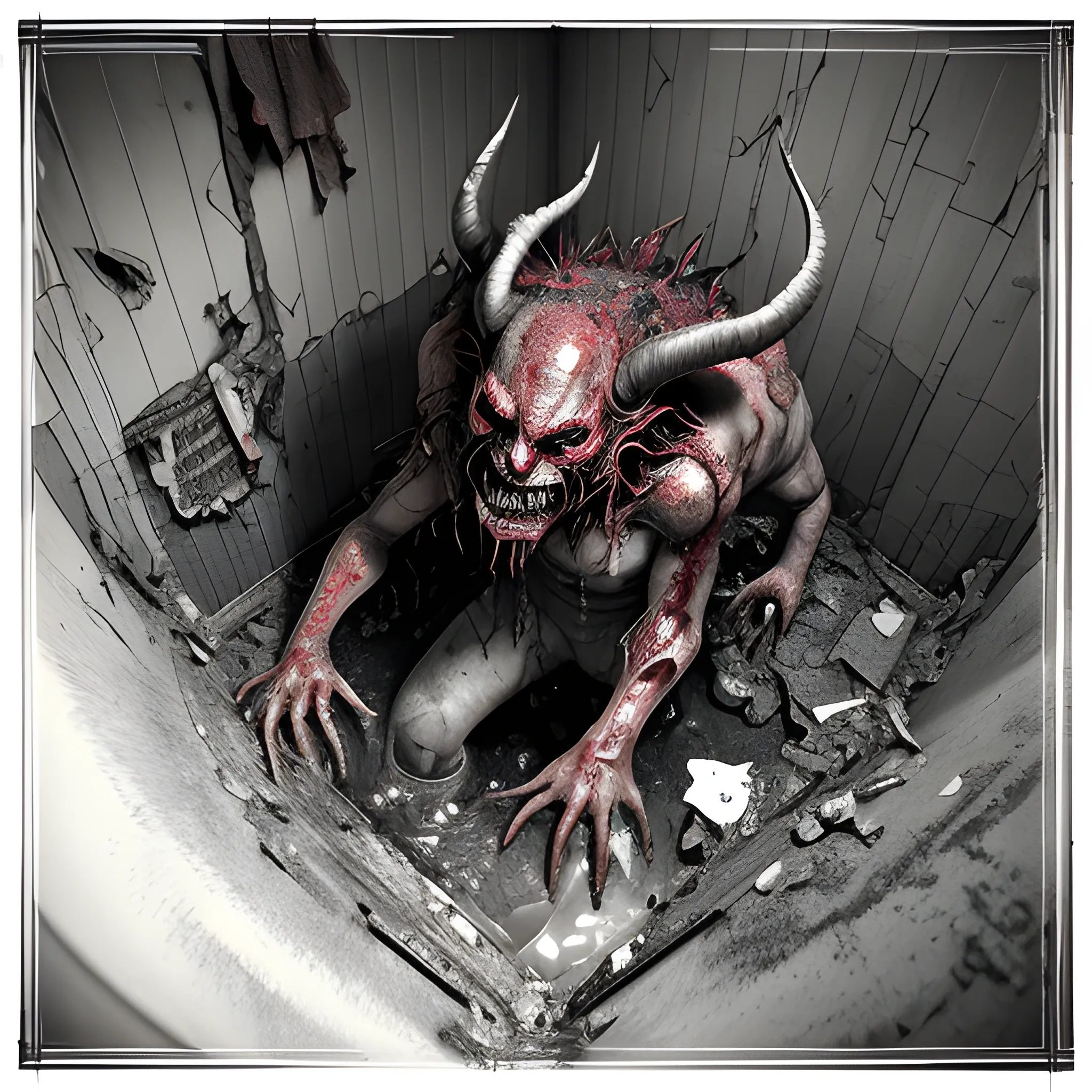 A terrifying demon is emerging from a broken toilet in a bathroom in total destruction. The scene is viewed from above, as if looking down from the ceiling, capturing all the brutality and chaos surrounding it. The bathroom is a dark and apocalyptic place, with cracked tiles on the floor and walls crumbling. Debris is scattered everywhere, with stains of dirty water and mold covering the surfaces, while the toilet, torn apart by the demon's force, explodes into pieces. Water splashes from broken pipes, flooding the space.

The demon is a hellish creature, large in size, with rough, scaly skin, enormous horns curving backward, and eyes glowing a fierce red. It has sharp claws that shred the edge of the toilet as it emerges. Its expression is one of pure malevolence, with a mouth full of sharp fangs that seems poised to roar. The surrounding environment is dark and gloomy, with an atmosphere of extreme decay and filth, giving the impression that the bathroom is in an abandoned place on the brink of total destruction. Everything has a chaotic and apocalyptic feel, as if the world itself is breaking apart., Pencil Sketch