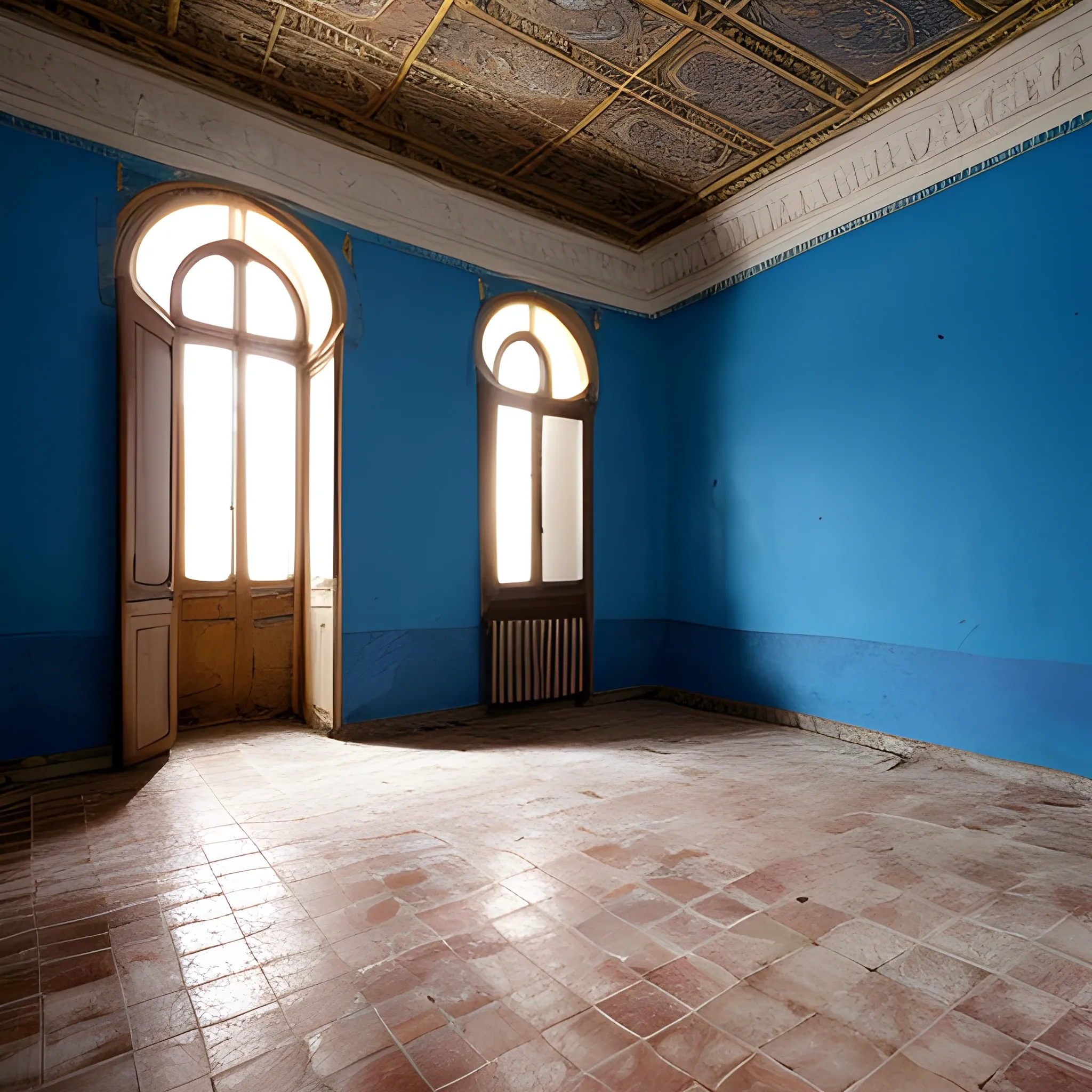 Una sala amplia vista en perspectiva que resulta ser un amplia habitación barroca del palacio de Versalles con telas azules que forran las paredes, espejos de marcos dorados y cuadros de antiguos reyes, pero todo abandonado y parcialmente inundado por la vegetación silvestre