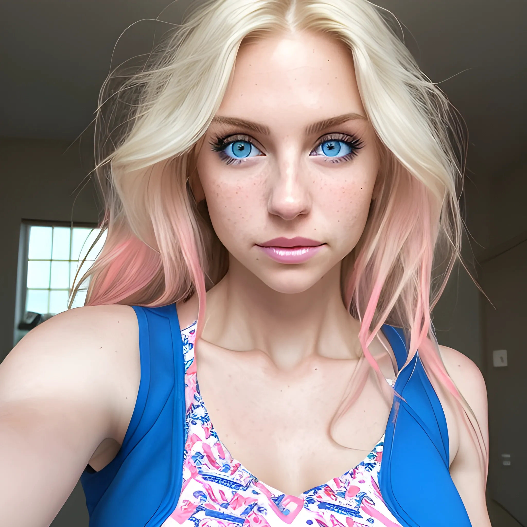 tall beautiful American Woman, long messy blonde hair, full lips, full face, fitted white, blue and pink patterned tank top, looking at the camera, up close pov, detailed, warm lighting