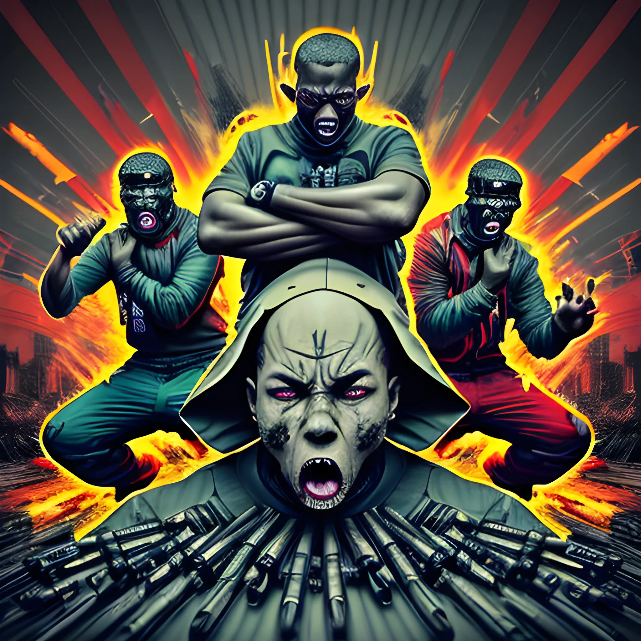 Create an intense rap album cover with a mouth like a machine gun, firing words as bullets in the direction of a group of figures with exaggerated, oversized ears. These figures, representing deaf people, should appear to be receiving the impact of the words as they try to absorb the barrage. The background should be a fast-paced urban environment with jagged lines, reflecting the energy and speed of the rap (140 bpm). The image should capture the power and relentlessness of rapid-fire verses, emphasizing the overwhelming effect of the words on the figures.