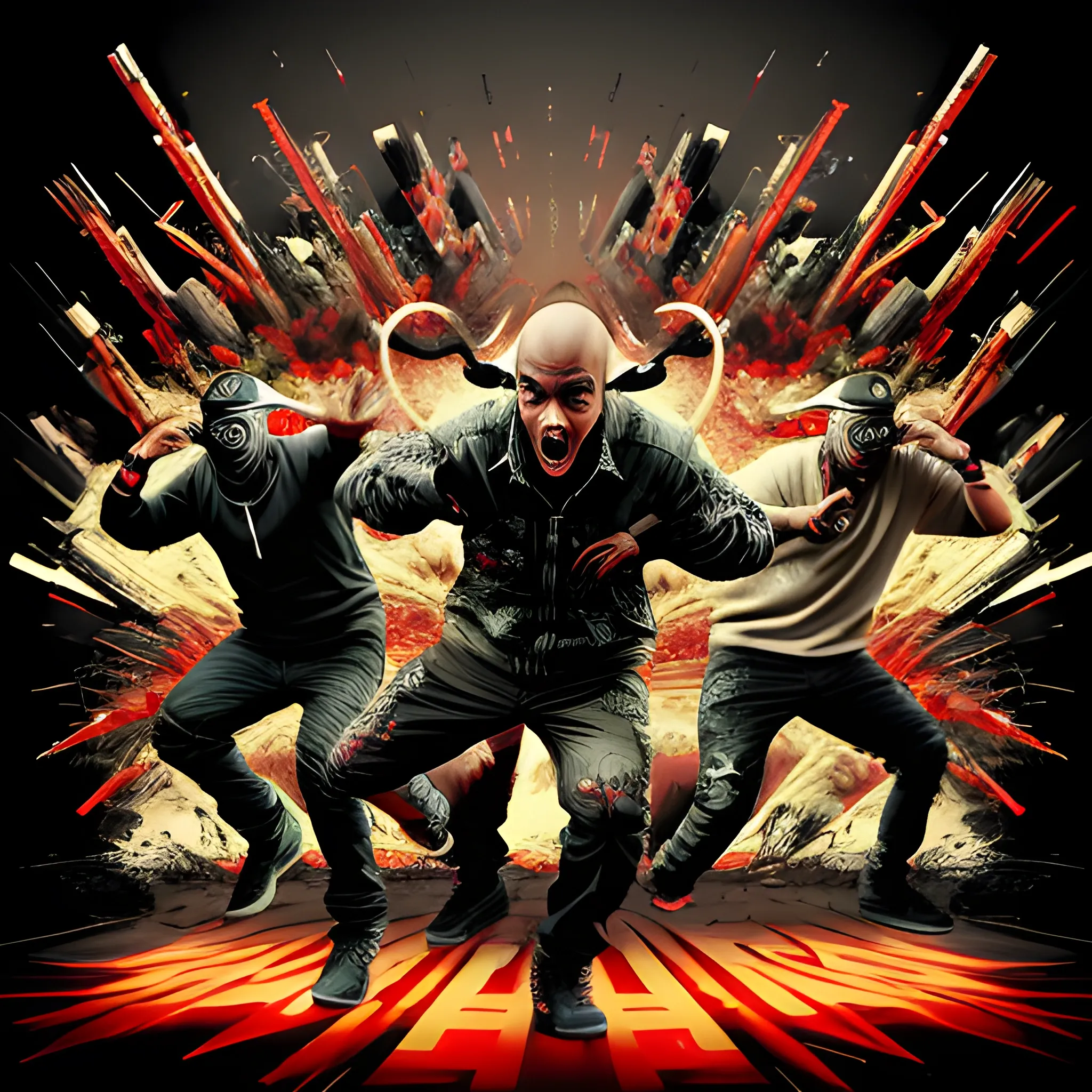 Create an intense rap album cover with a mouth like a machine gun, firing words as bullets in the direction of a group of figures with exaggerated, oversized ears. These figures, representing deaf people, should appear to be receiving the impact of the words as they try to absorb the barrage. The background should be a fast-paced urban environment with jagged lines, reflecting the energy and speed of the rap (140 bpm). The image should capture the power and relentlessness of rapid-fire verses, emphasizing the overwhelming effect of the words on the figures.