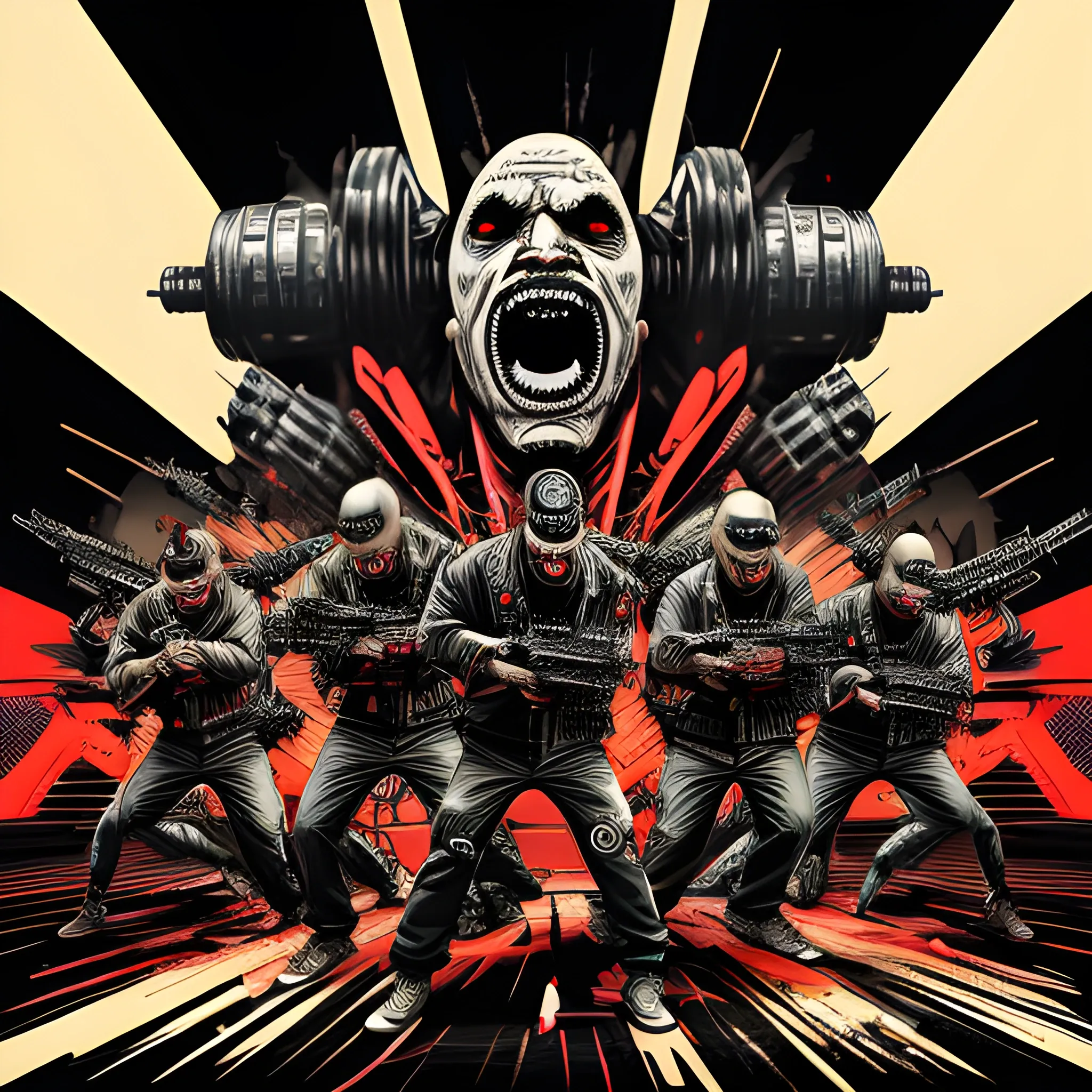 An intense rap album cover featuring a mouth transformed into a machine gun, firing words like bullets towards a group of figures with exaggerated, oversized ears. The figures appear overwhelmed as the rapid barrage of words hits them. The background is a fast-paced, energetic urban scene, with jagged lines and motion blur to convey the high-speed rhythm (140 bpm) of the rap. The overall image should capture the power, aggression, and unstoppable flow of words, symbolizing the relentless nature of long, fast-paced verses.