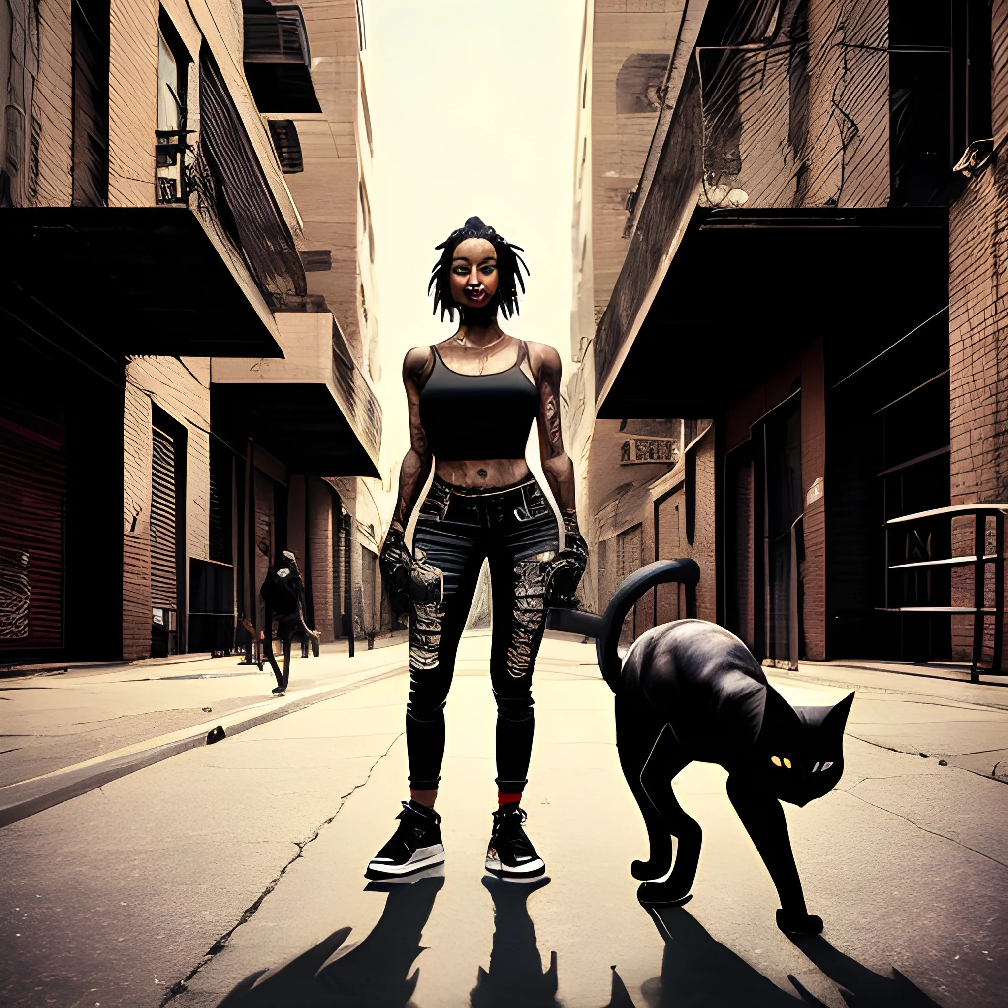 A powerful rap album cover featuring a slim, fast, and fearless woman walking confidently through gritty urban streets. She moves with agility, always alert, her eyes scanning the rooftops where shadowy cat-like figures, representing street gangs, watch her. The cats try to challenge her but fail to intimidate. The woman stands tall, exuding control and strength. The atmosphere should be tense, with the urban background alive with motion, emphasizing her dominance as the 'queen of the streets.' The style should be bold, dynamic, and full of energy.