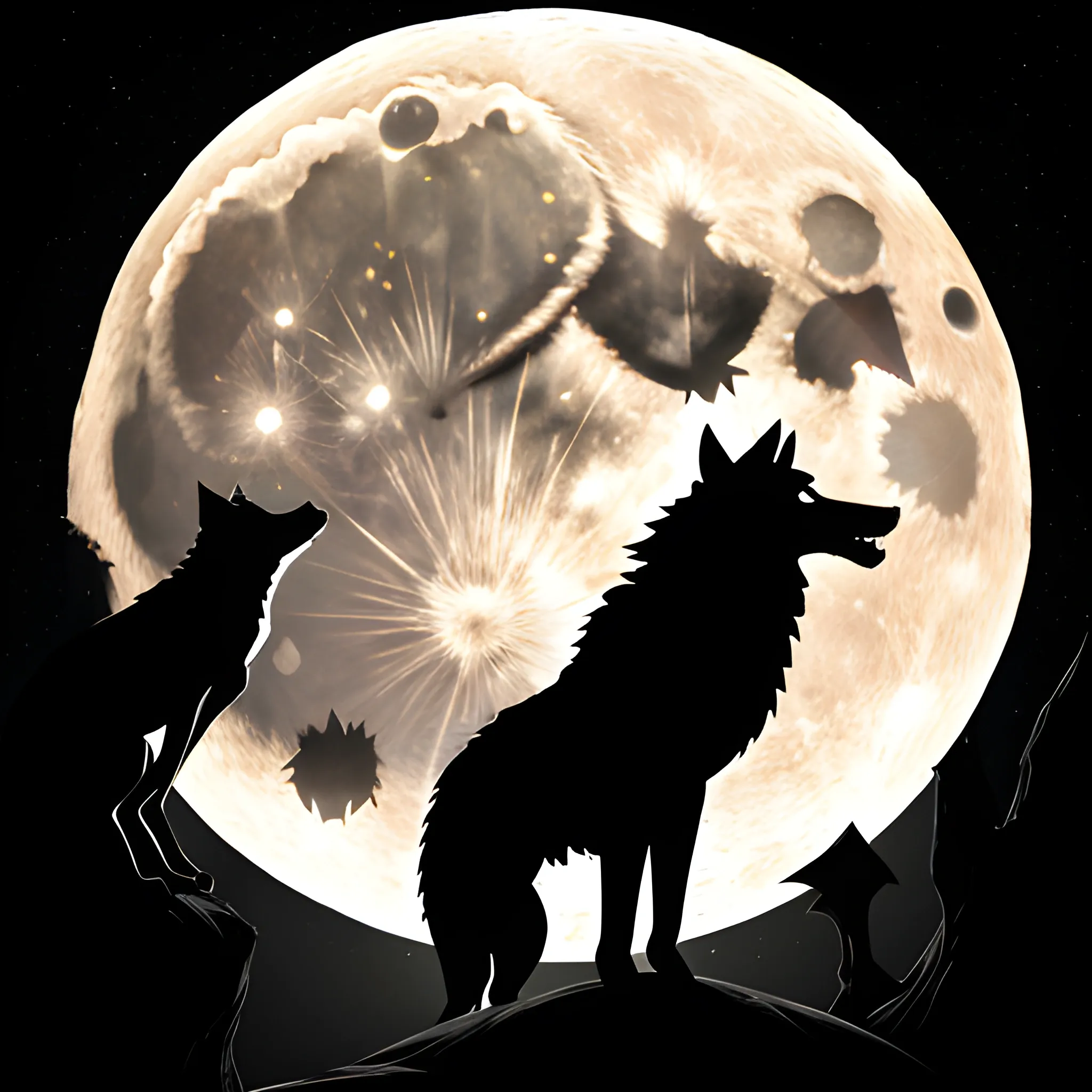 Use a fierce wolf silhouette howling at a full moon, with the name "Rage of Wolves" arched around it., 3D