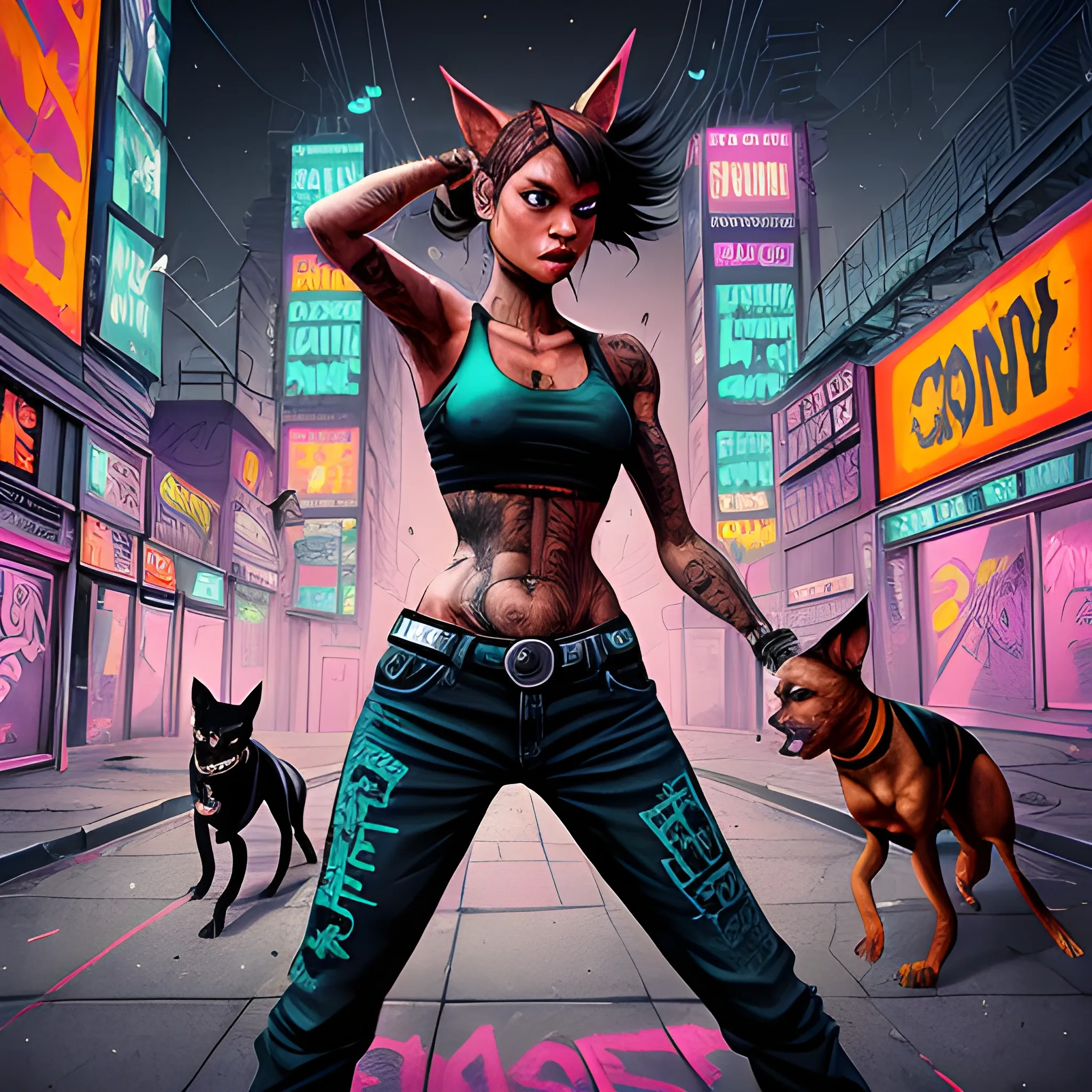 A vibrant and bold rap album cover featuring a fearless female pinscher, slim and agile, walking confidently through dark urban streets. She is sharp and alert, with intense eyes scanning the rooftops where scarred and battle-worn cats lurk. These cats, marked by their street fights, form a gang that tries to intimidate, but the pinscher stands firm, exuding strength and dominance as the 'queen of the streets.' The gritty, tension-filled city environment should reflect a mix of action and control, with stylized details like graffiti, neon lights, and dynamic poses. The atmosphere is energetic, with motion lines and dramatic lighting enhancing the scene.