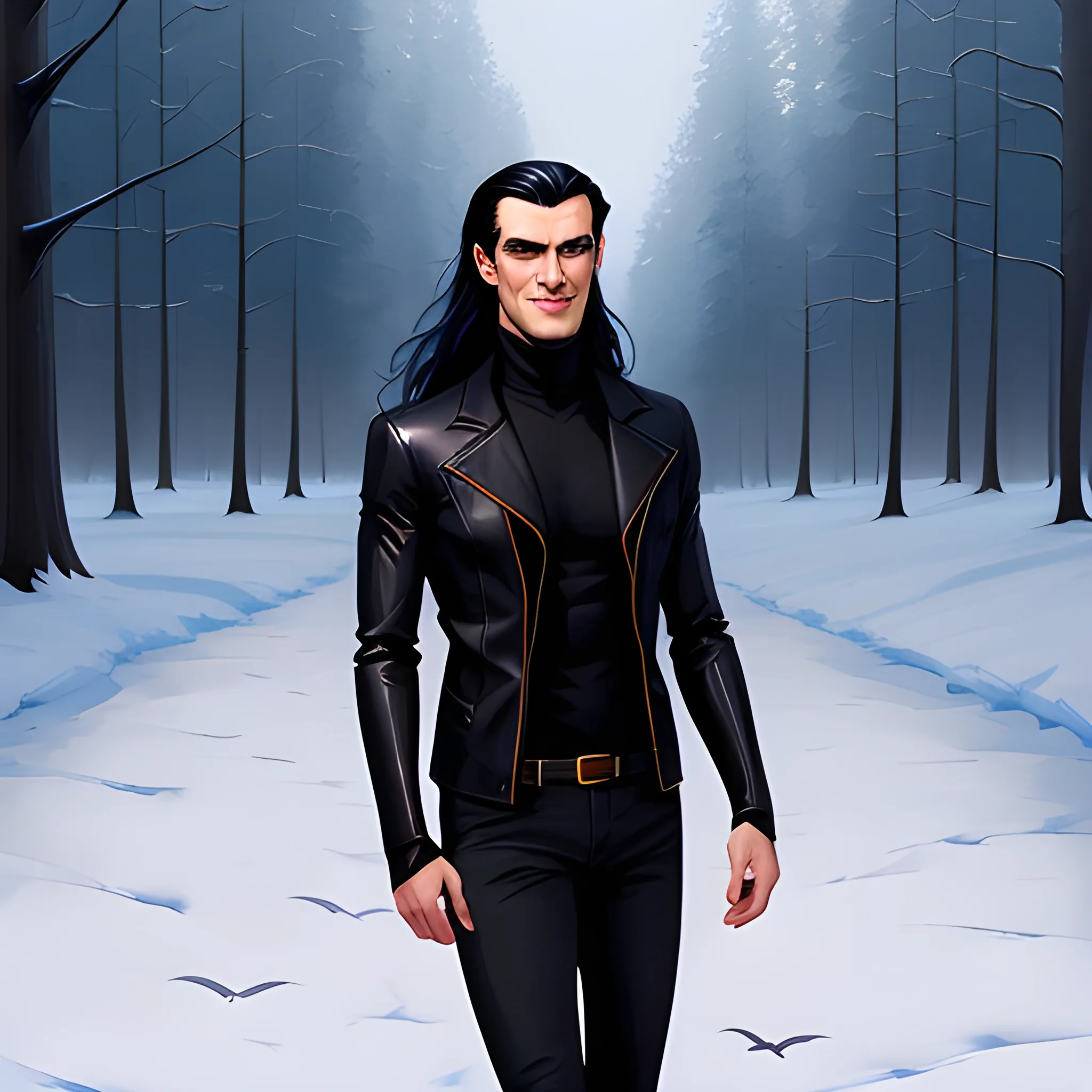 night, handsome vampire boy with very long black hair in leather jacket, turtleneck and jeans with dreamy smile looks at sky on the shore of forest lake, hair fluttering in wind. beautiful fair-haired girl in light jacket looks at boy in fascination
summer warm evening, twilight, contour lighting, high detail, digital illustration, romantic atmosphere, artstation trending, ristan eaton, victo ngai, artgerm, rhads, ross draws