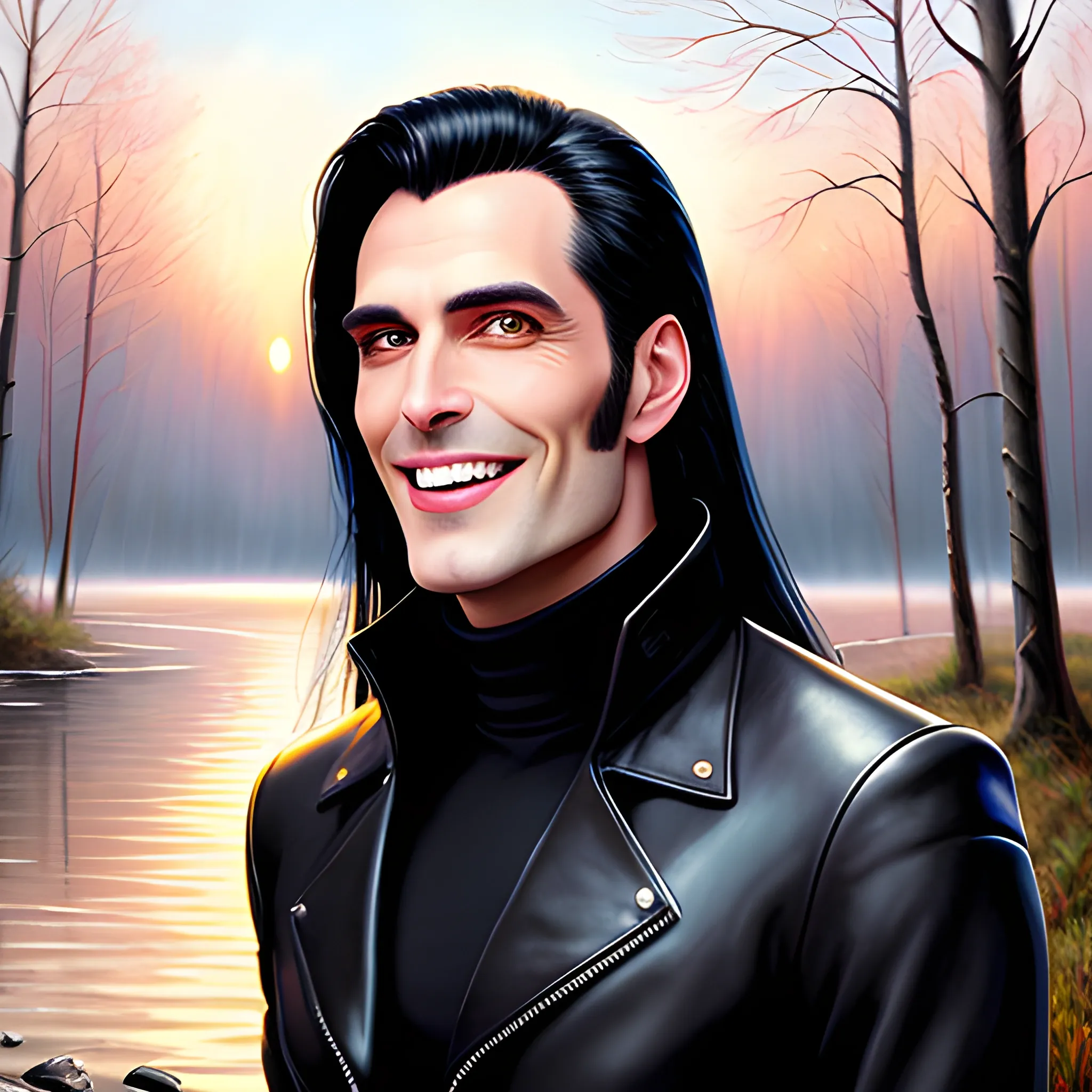 night, handsome young vampire with long black hair in leather jacket, turtleneck and jeans with dreamy smile looks at sky on shore of forest lake, hair fluttering
summer warm evening, twilight, contour lighting, high detail, digital illustration, romantic atmosphere, Oil Painting