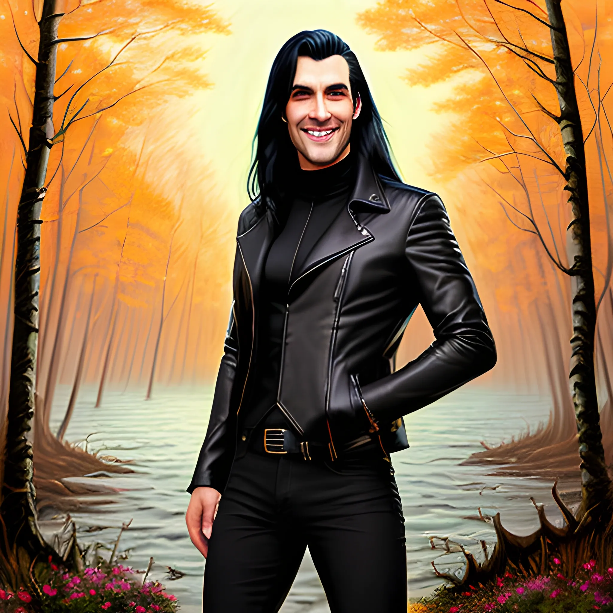 night, handsome young vampire with long black hair in leather jacket, turtleneck and jeans with dreamy smile looks at sky on shore of forest lake, hair fluttering
summer warm evening, twilight, contour lighting, high detail, digital illustration, romantic atmosphere, Oil Painting