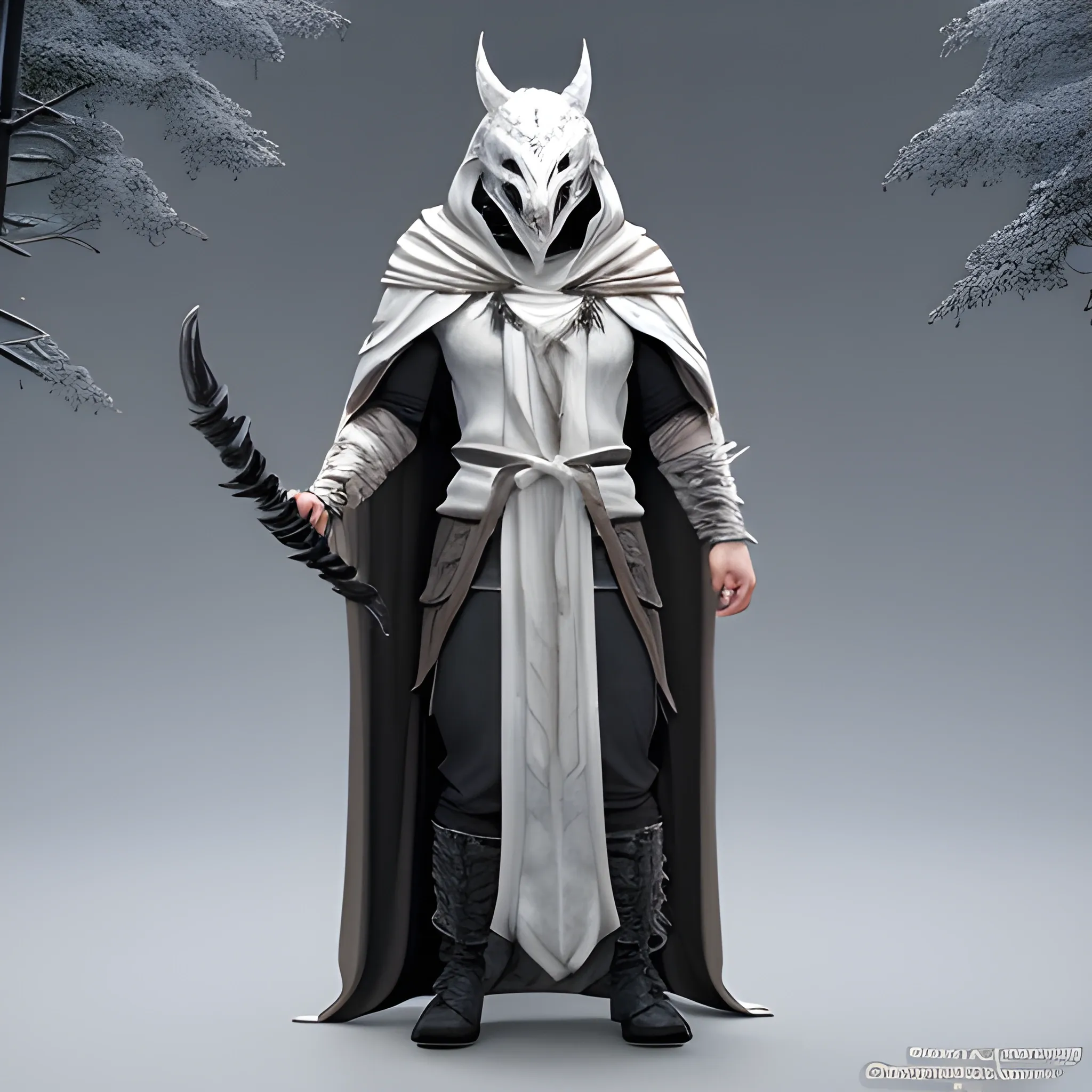 Create a male figure, with a white hooded cloak and claws. Wearing a fenrir themed hanya mask