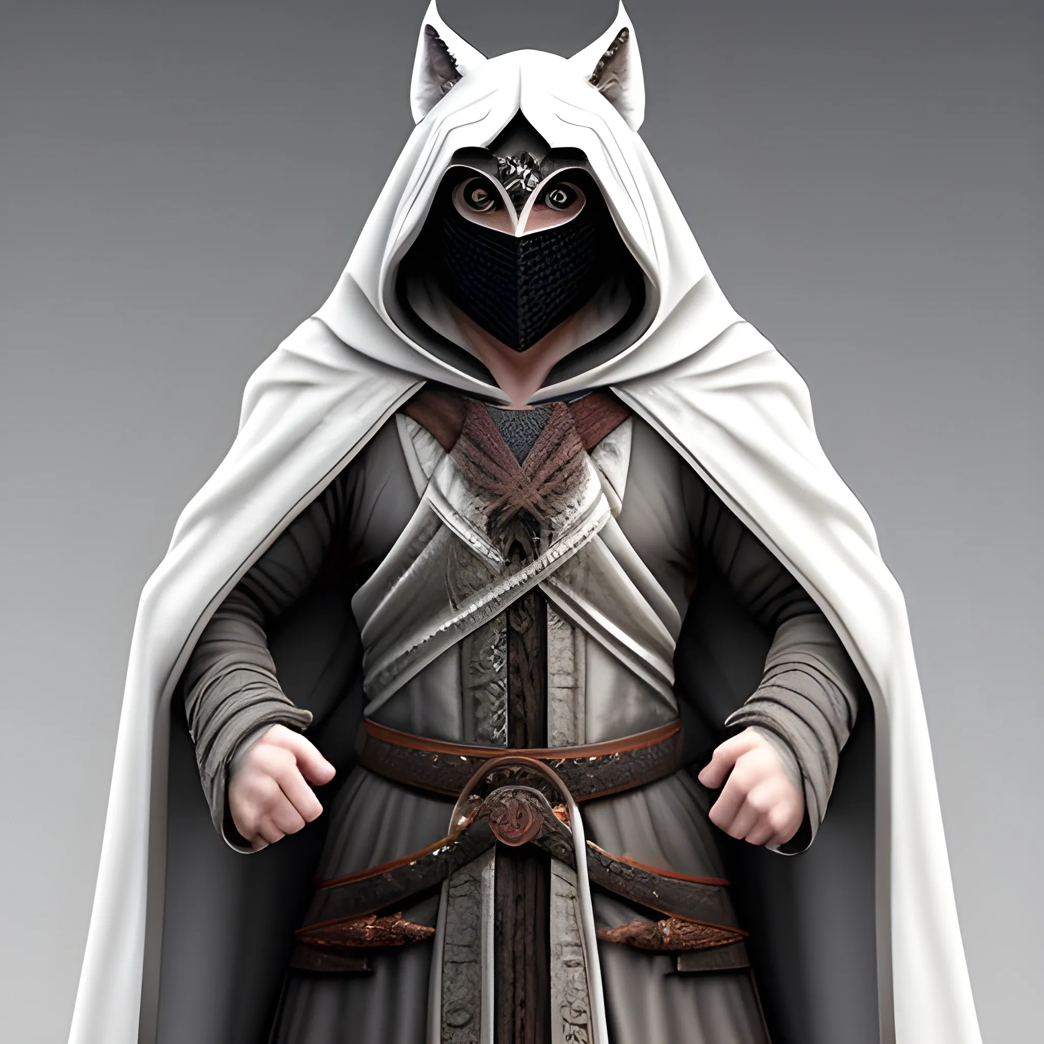 Create a realistic male figure, with a white hooded cloak and claws. Wearing a wolf themed half hanya mask