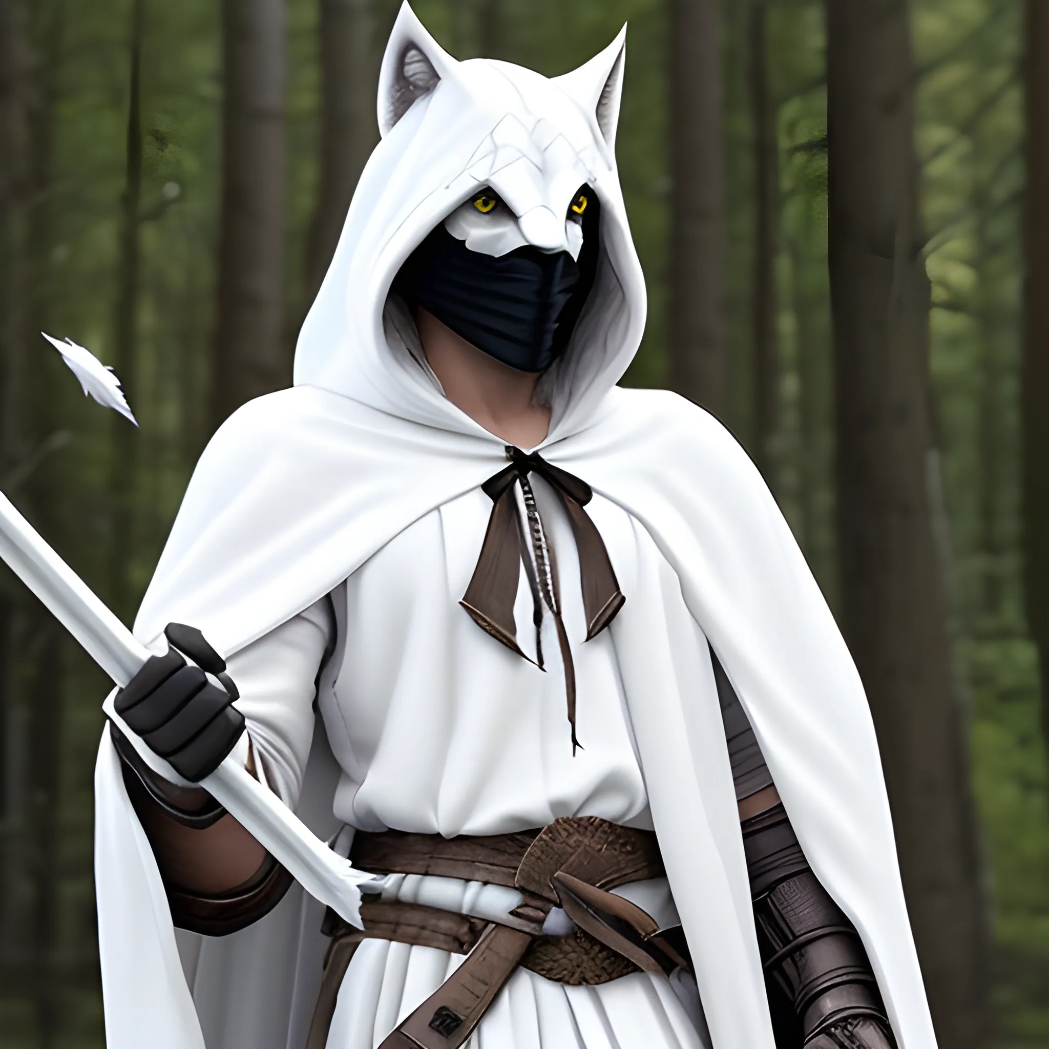 Create a realistic male figure, with a white hooded cloak and claws. Wearing a white wolf mask and wielding two sickles.