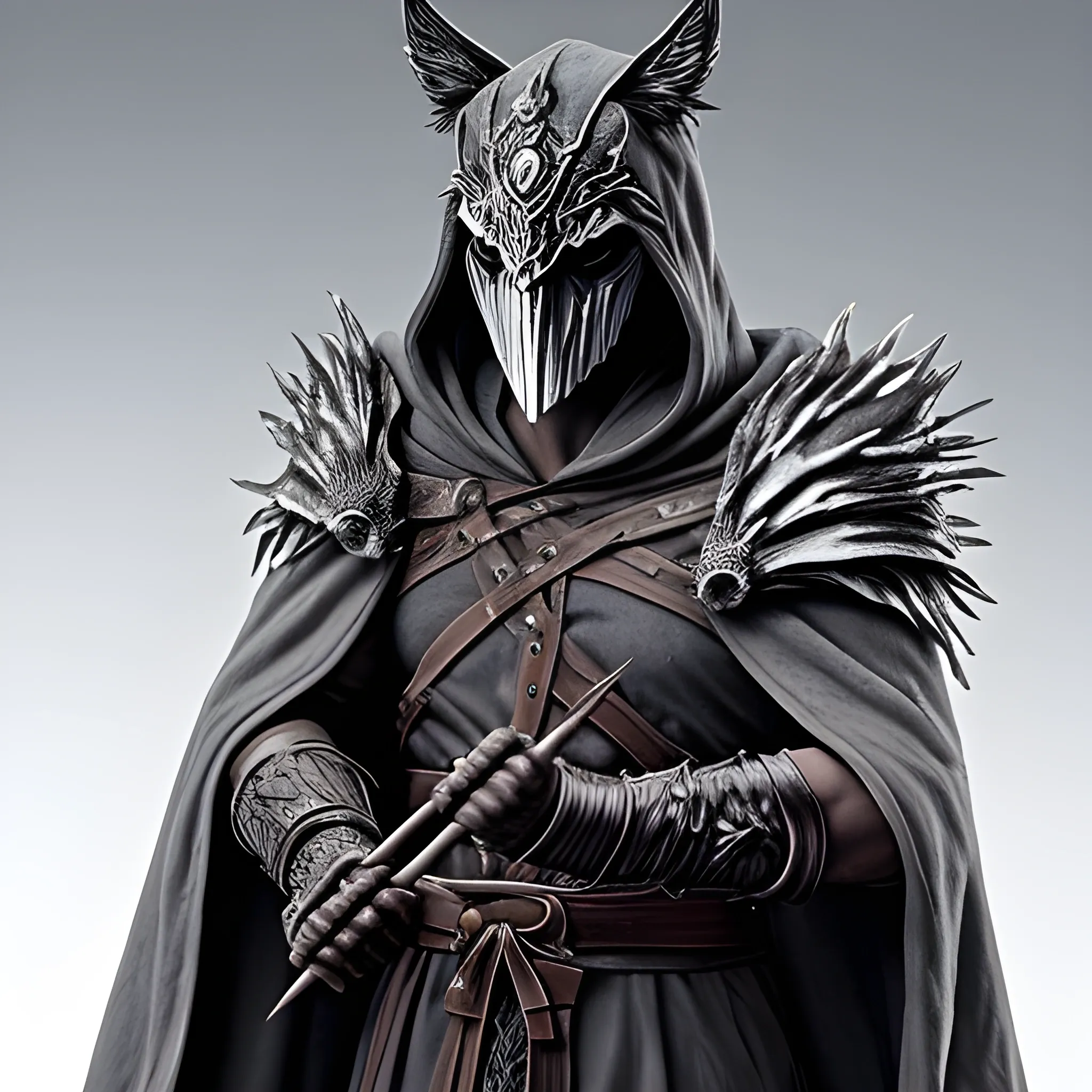 Create a detailed male figure, with a white hooded cloak and claws. Wearing a fenrir themed mask, holding two sickles