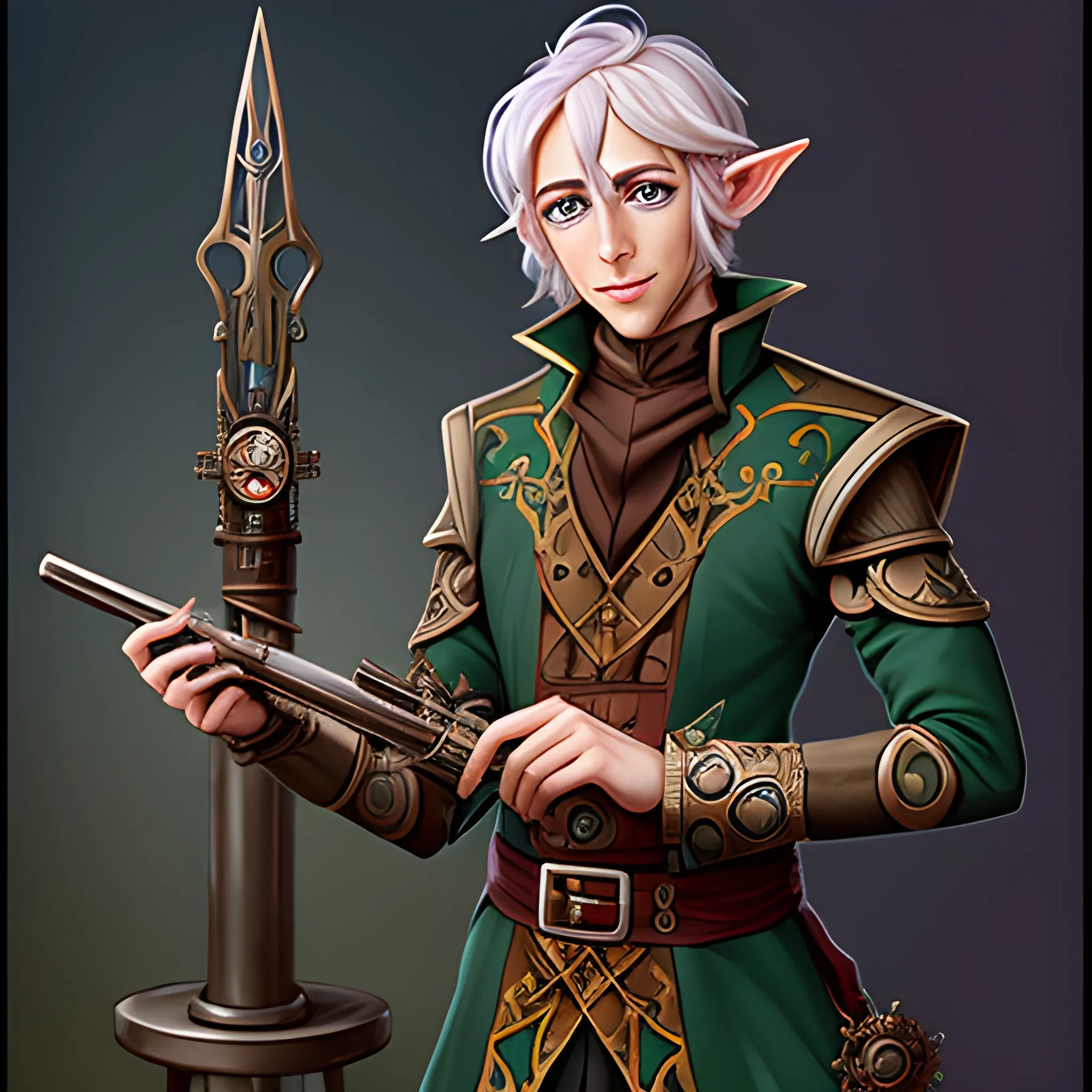 A male eladrin elf from dnd that is an artificer with a clockwork rifle
