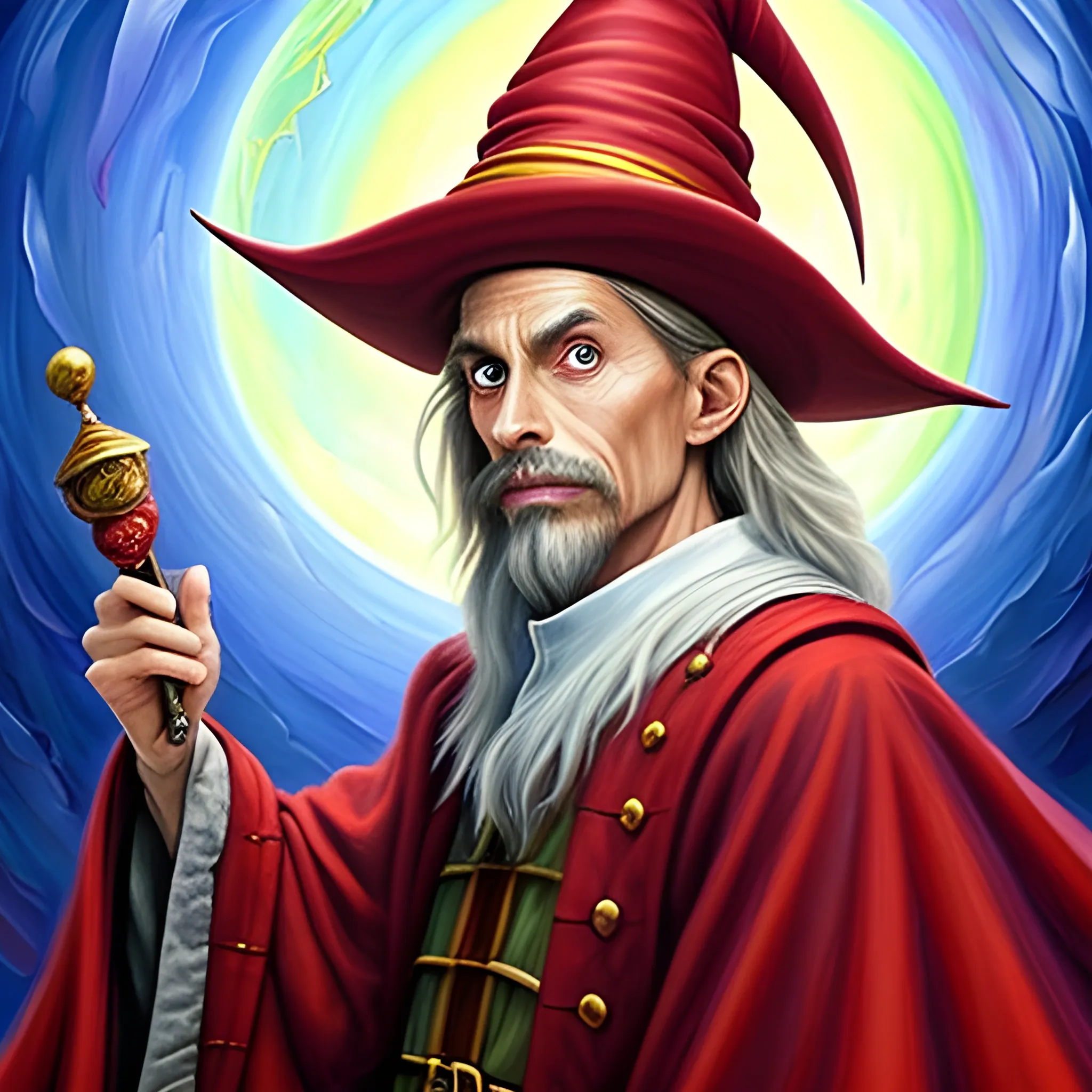 Create a picture in oil painting optic of rincewind the wizard from the disc world in our real world 
