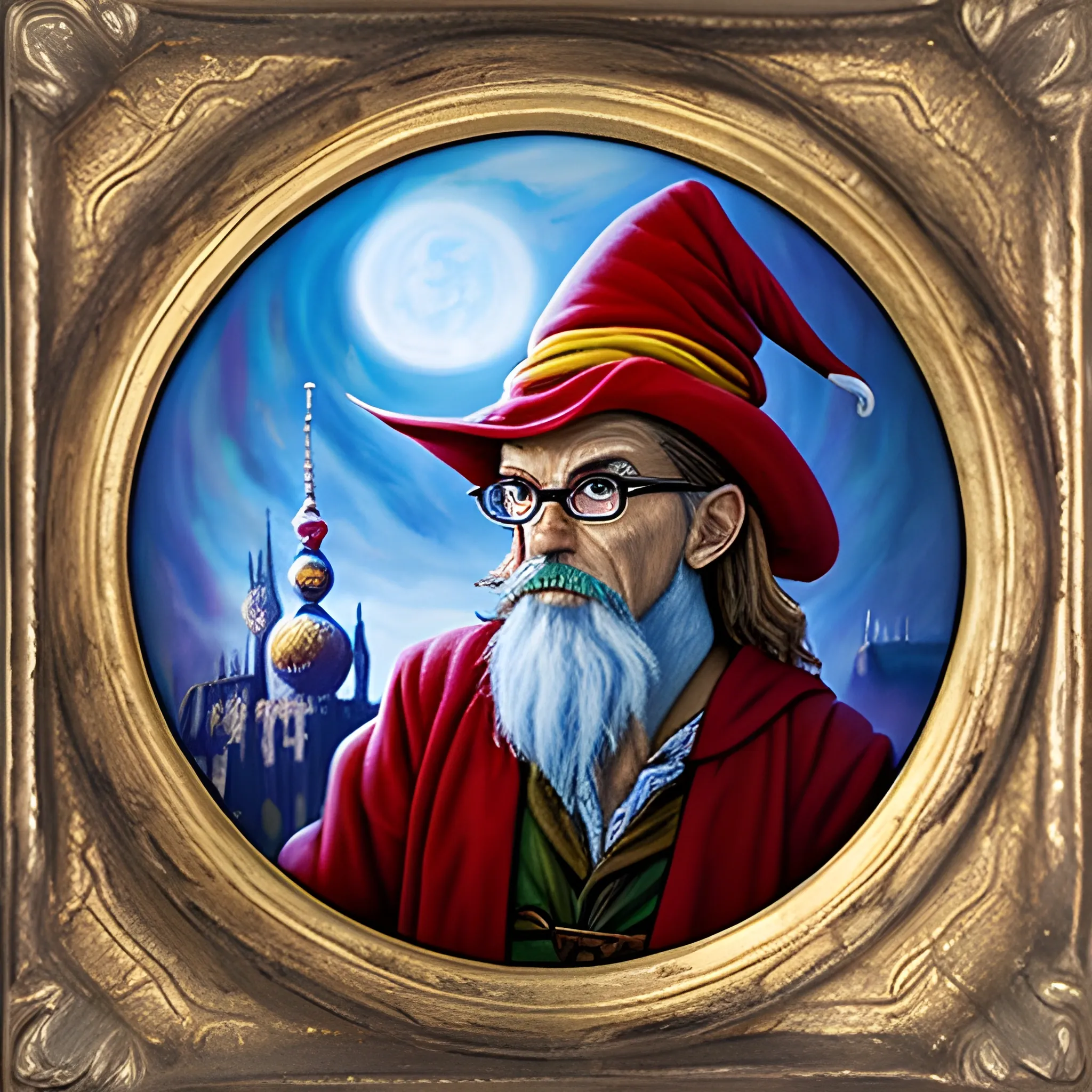 Create a picture in oil painting optic of rincewind the wizard from the disc world is confused and is in Berlin
