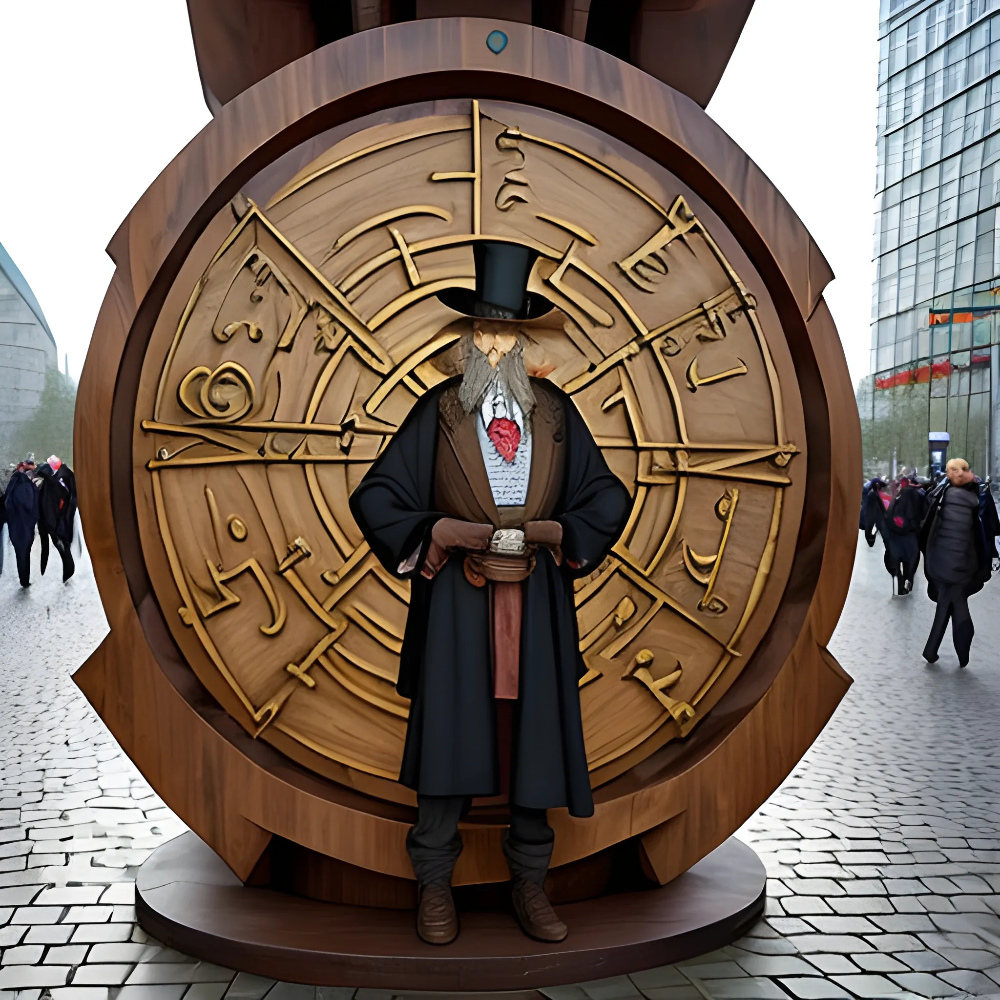 Create a picture of rincewind the wizard with his head with the letters and his Chest made of intelligent pear wood  from the disc world is confused on the Alexanderplatz in Berlin. behind him a portal in which we an see the unseen university in ankh Morpork 
