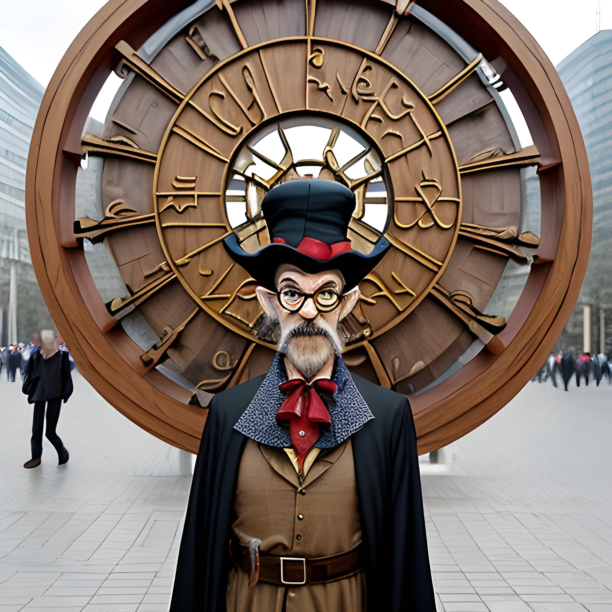 Create a picture of rincewind the wizard with his head with the letters and his Chest made of intelligent pear wood  from the disc world is confused on the Alexanderplatz in Berlin. behind him a portal in which we an see the unseen university in ankh Morpork 
