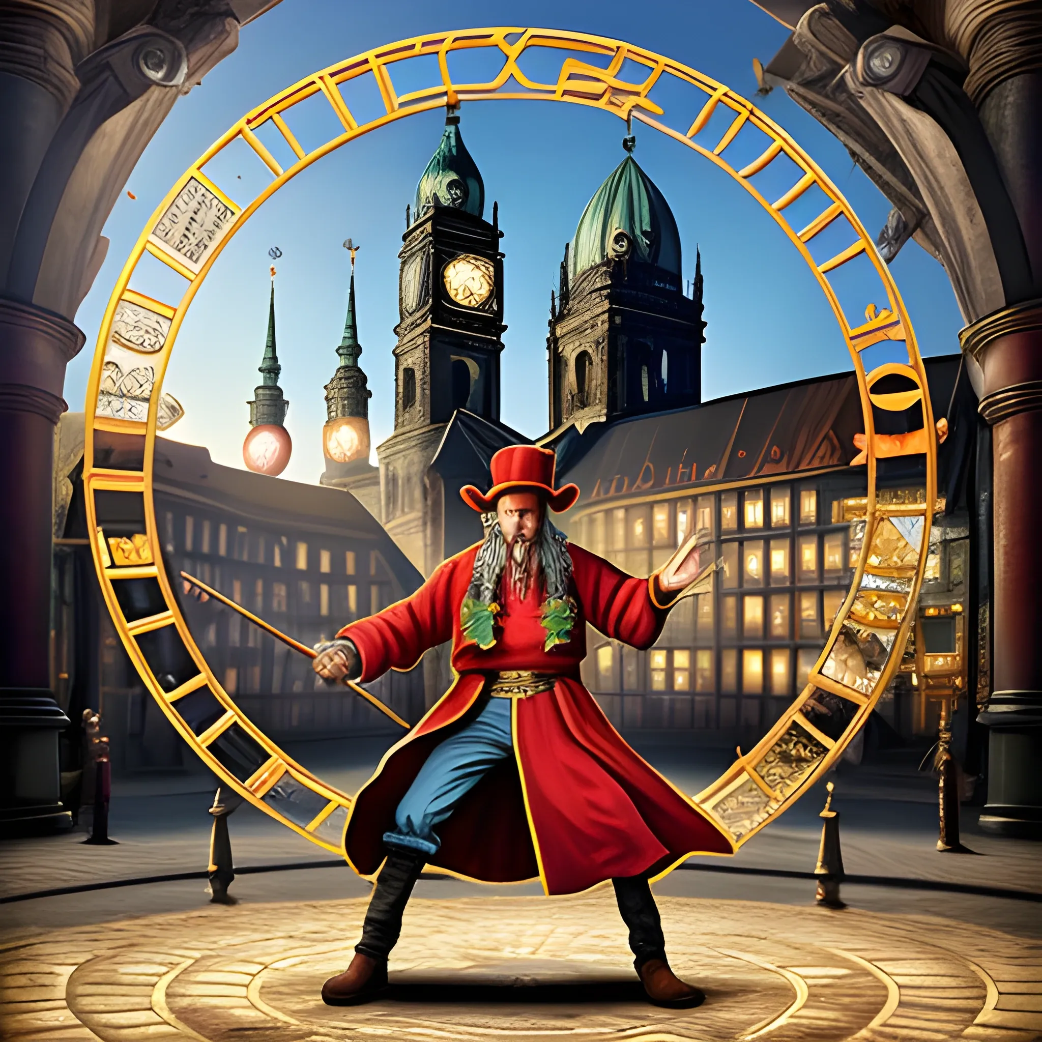 Create a picture of rincewind the wizard with his head with the letters  from the disc world  on the Alexanderplatz in Berlin. behind him a portal in which we an see the unseen university in ankh Morpork 
