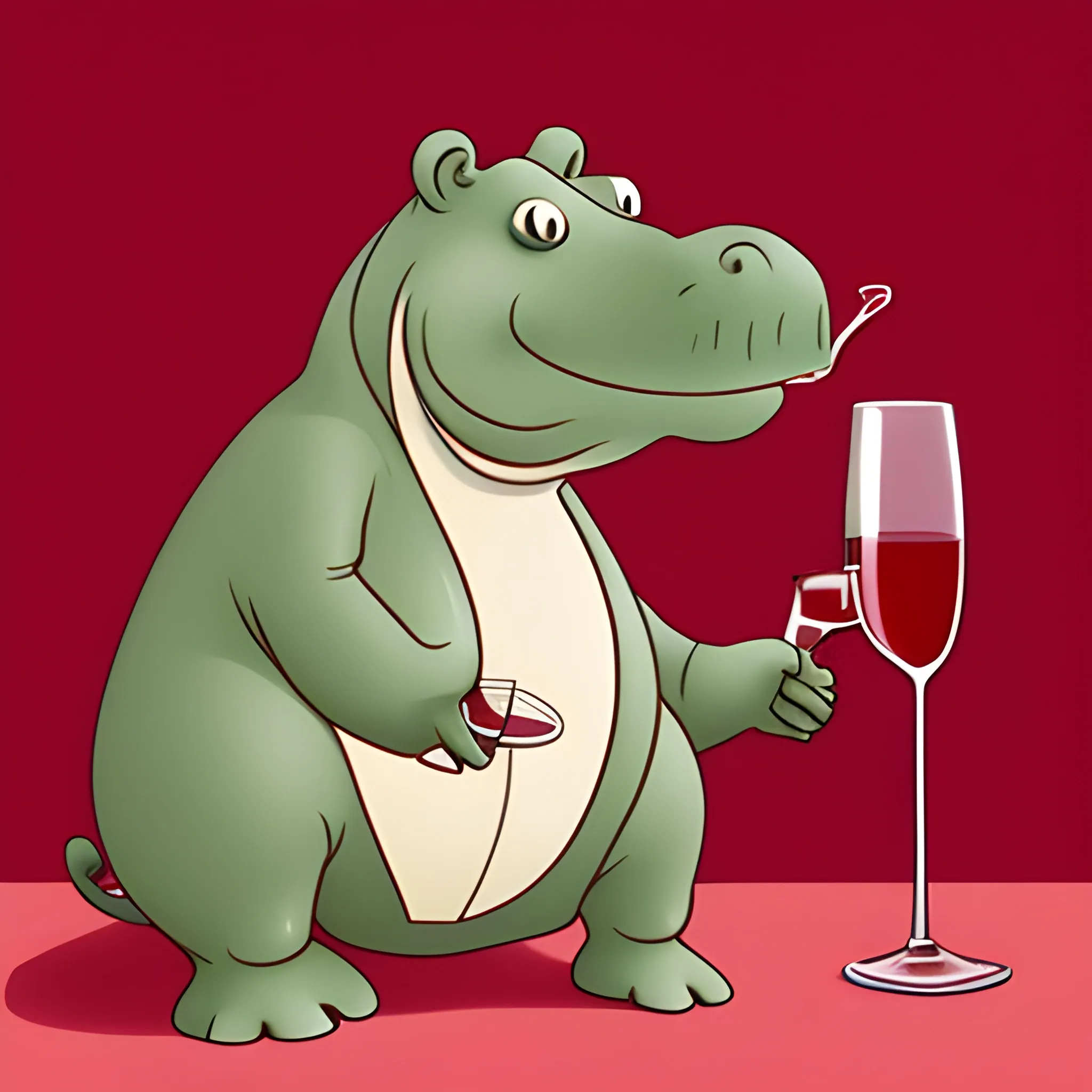 A cartoon hippopotamus holds a glass of red liquid in its paws