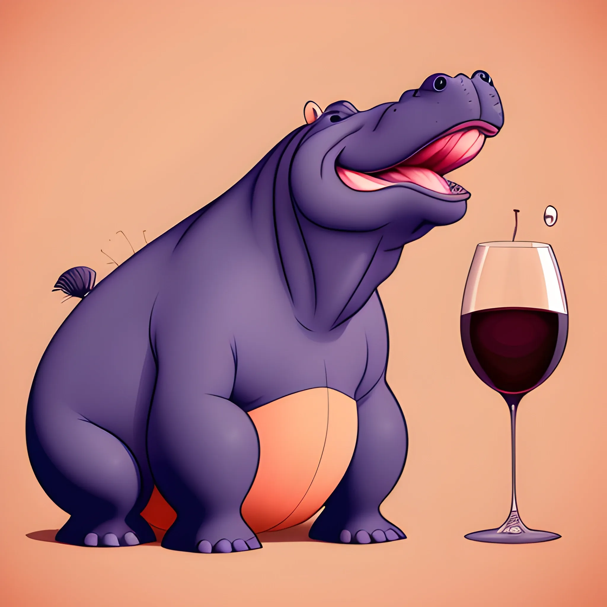 The cartoon behemoth in the foreground is looking forward. The hippopotamus holds a glass of red wine in its paw. Behemoth is beautiful and fashionable. The background is light peach