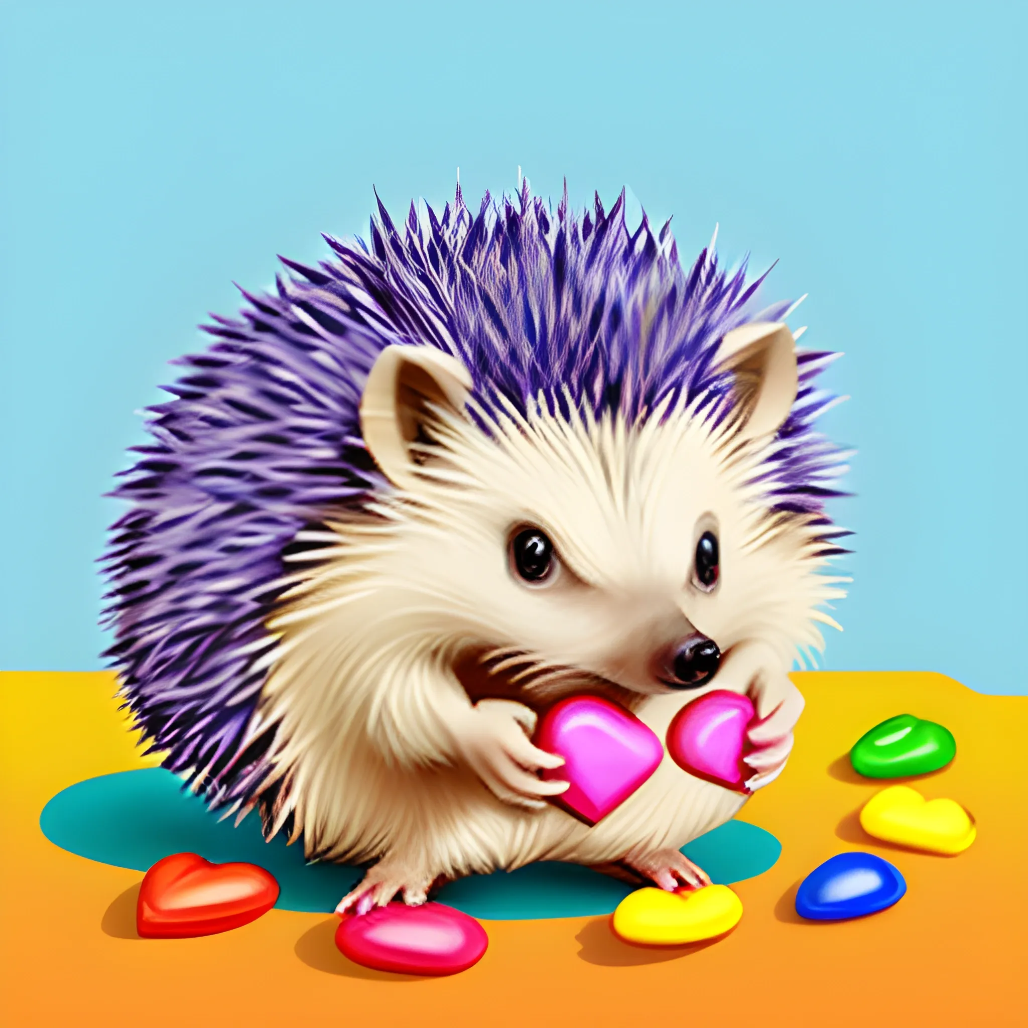 A cartoon hedgehog with cool muscles. The hedgehog has a candy heart in its paws. A hedgehog is painted on the candy - the hedgehog's wife