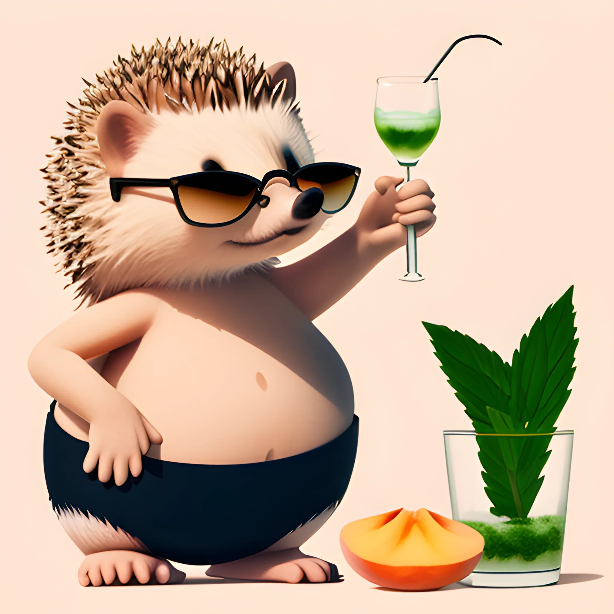 A minimalist modern hedgehog stands on two paws in the foreground. The hedgehog is pumped up, a lot of muscles and muscles. The hedgehog is wearing sunglasses. The hedgehog holds a glass of mojito in its paw. The background is peach