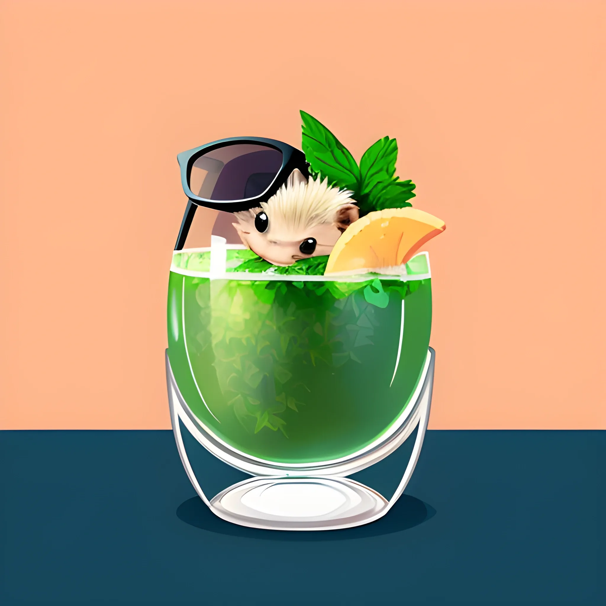 A cartoon hedgehog is sitting in a glass of mojito. The hedgehog is wearing sunglasses. The background is plain, the color is light peach