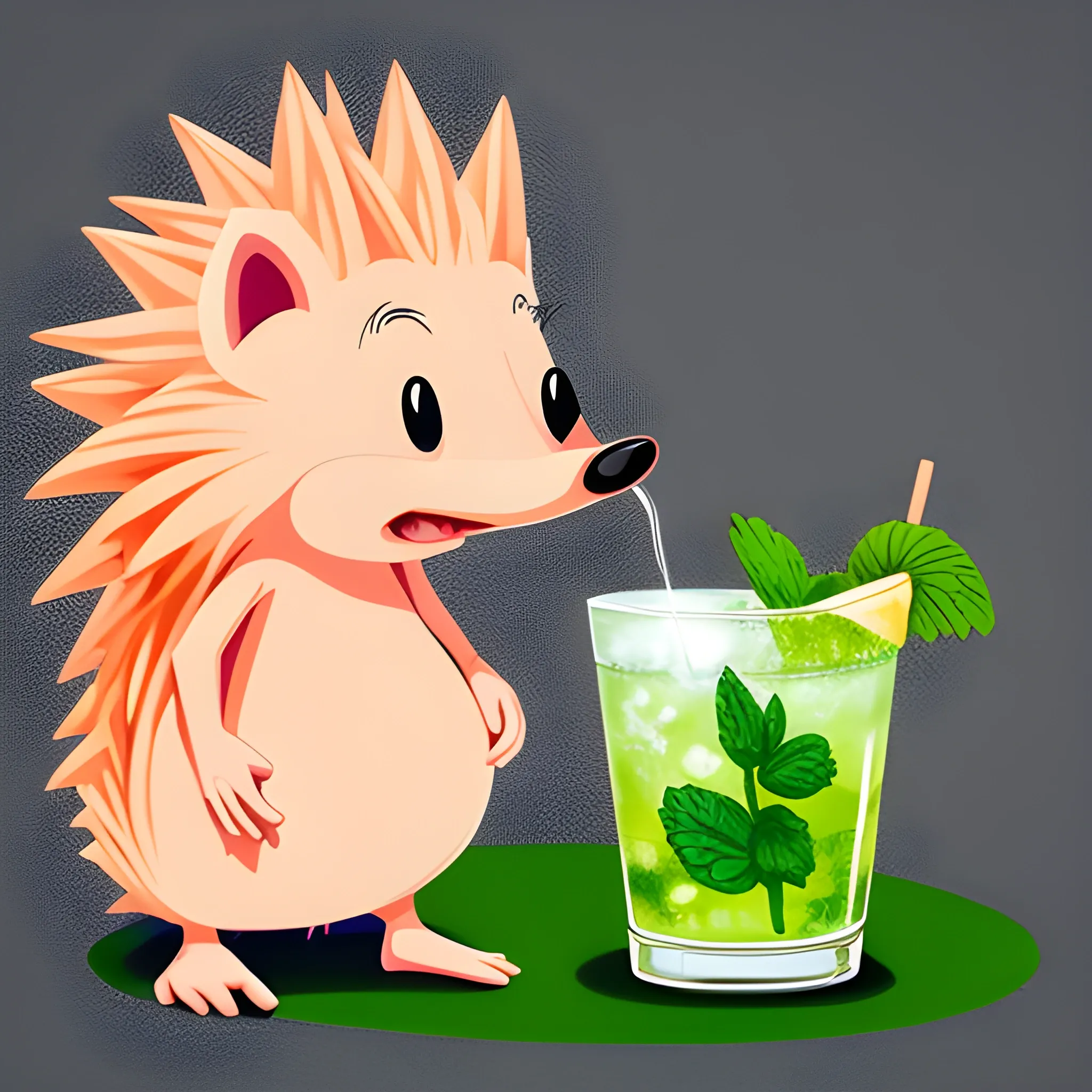 The cartoon hedgehog in the foreground is looking forward. The hedgehog holds a glass of mojito in his paw. The hedgehog is beautiful and fashionable. The background is light peach