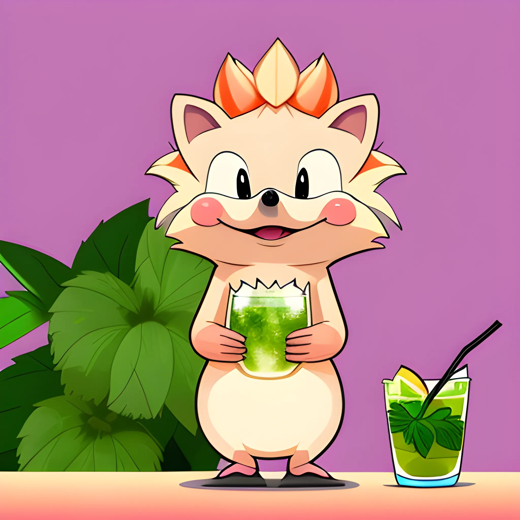 The cartoon hedgehog in the foreground is looking forward. The hedgehog holds a glass of mojito in his paw. The hedgehog is beautiful and fashionable. The background is light peach