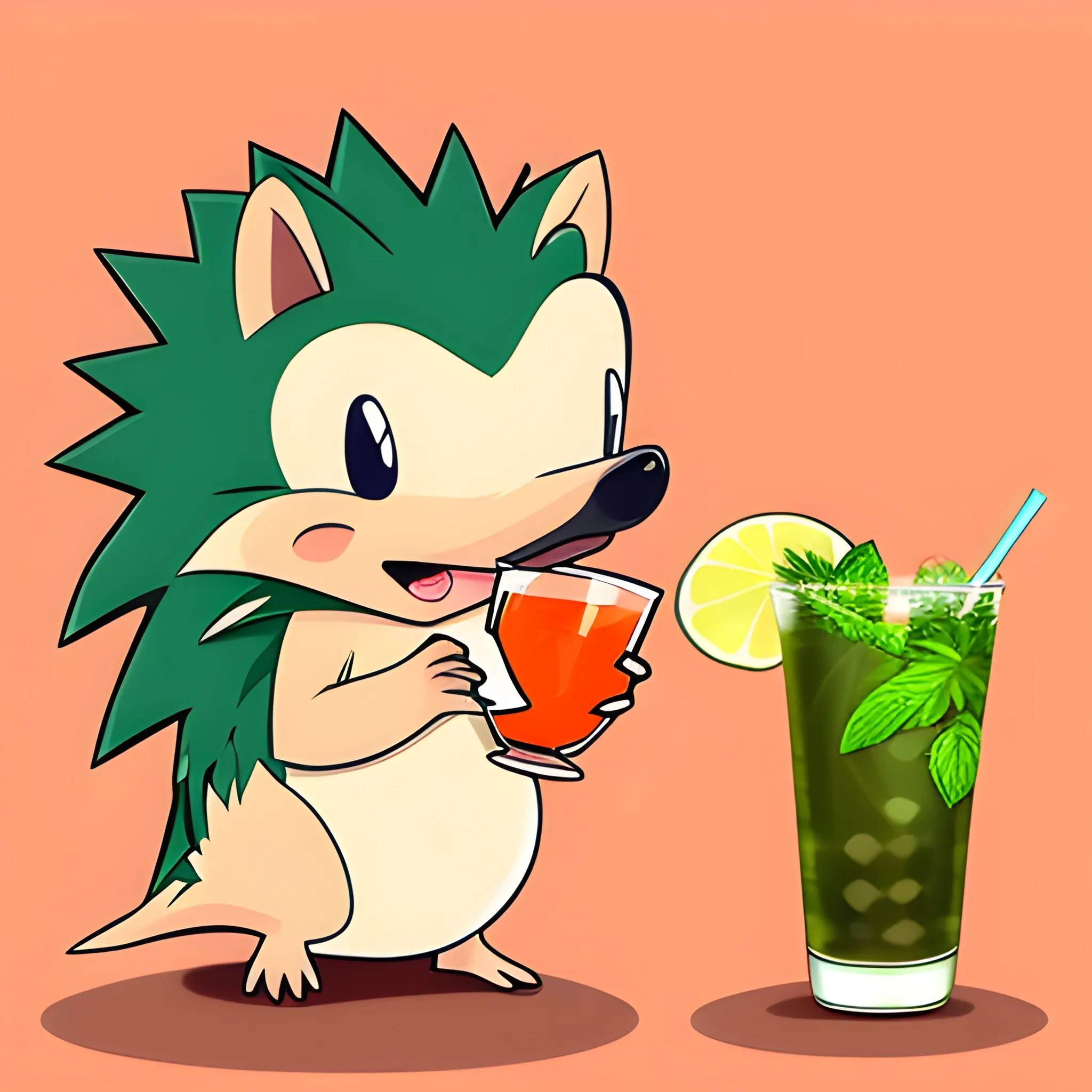 The cartoon hedgehog in the foreground is looking forward. The hedgehog holds a glass of mojito in his paw. The hedgehog is beautiful and fashionable. The background is light peach