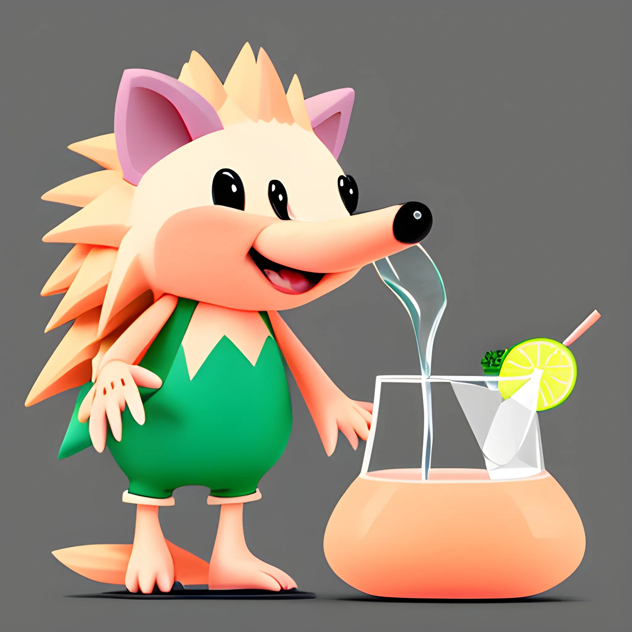 The cartoon hedgehog in the foreground is looking forward. The hedgehog holds a glass of mojito in his paw. The hedgehog is beautiful and fashionable. The background is light peach, Cartoon